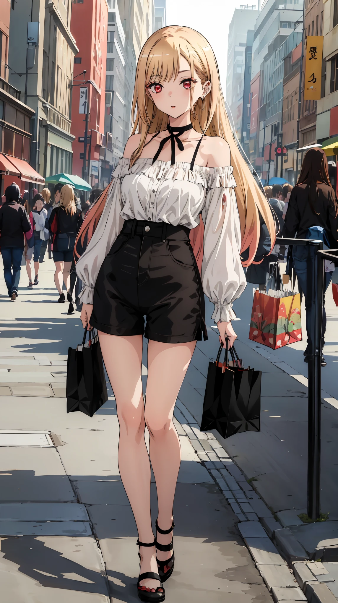 masterpiece, highest quality, High resolution, kitagawa marin sb, The centre of gravity is at the rear, 1 girl, blonde hair, long hair, colorful hair, red eyes, jewelry, earrings, earrings, , white off shoulder, black shorts, full body,  outdoor, shopping