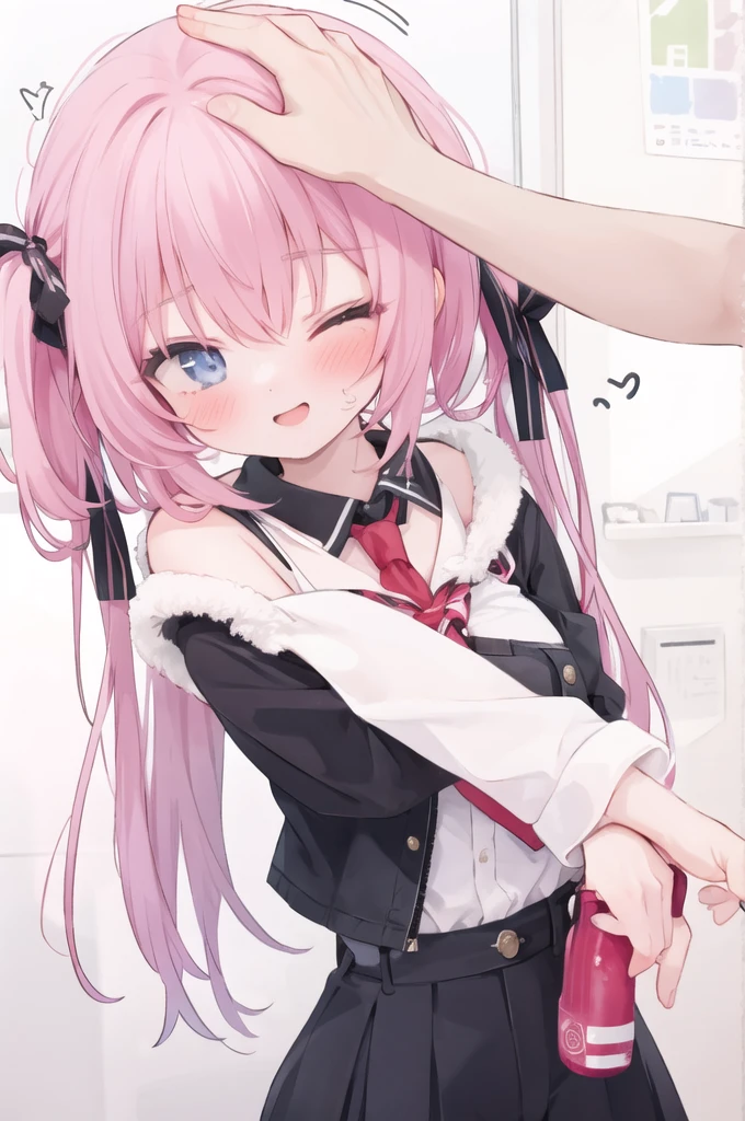 1girl, headpat, wink
