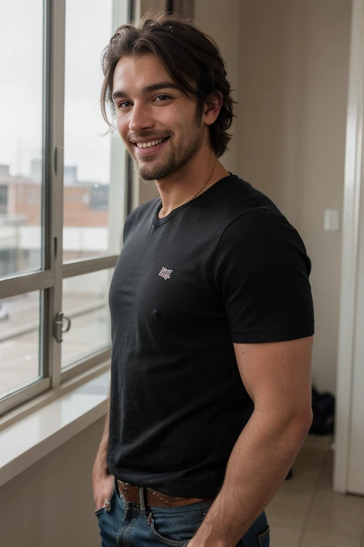 Male stubble beard brown handsome green eyes thin middle curly hair classy dressed casual badass skinny in black clothes smiling