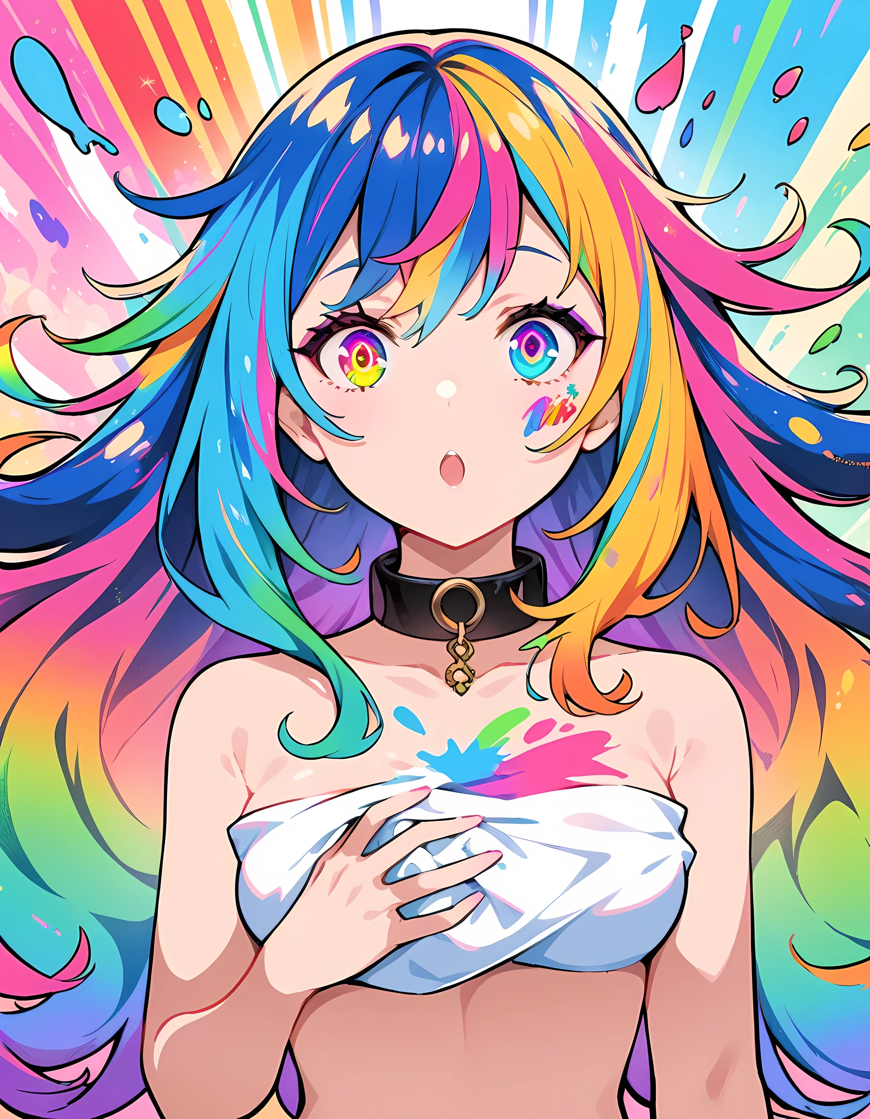 （Pink fashion T-shirt：1.9），(colorful hair: 1.8), (All colors of the rainbow: 1.8),(((((vertical drawing：1.6))), （drawing：1.6），front, comics, illustrations, drawings, big eyes, crystal clear eyes,（ Rainbow gradient high ponytail：1.7）, Exquisite makeup, Keep your mouth shut,(Little fresh: 1.5),(Wipe Chest: 1.6) ，long eyelashes, White off-shoulder T-shirt,  white shoulder shirt，looking at the audience, watery big eyes, (rainbow colored hair：1.6), Color splash, （alone：1.8）, Color splash, color explosion, thick draw style, messy lines, ((shining))，(rich and colorful), (rich and colorful), (rich and colorful), rich and colorful, Thick draw Style, (splash) (Color splash), Vertical drawing, Upper body, draw splash, acrylic paint, slope, draw, Highest image quality, best quality, masterpiece, alone, depth of field, Face draw,  rich and colorful clothes, (elegant: 1.2), Gorgeous,long hair, Wind, (elegant: 1.3), (petal: 1.4)，(((masterpiece))),(((best quality))),((Super detailed)),(illustration),(Dynamic angle),((floating)),(draw),((disheveled hair)),(alone),(1 girl) , (((Detailed anima face))),((Beautiful and delicate face)),collar,bare shoulders,white hair, ((rich and colorful hair)),((striped hair)),Beautiful and delicate eyes,(slope color eyes),(((rich and colorful eyes))),(((rich and colorful background))),(((high saturation))),(((surrounded by rich and colorful splashes))), 