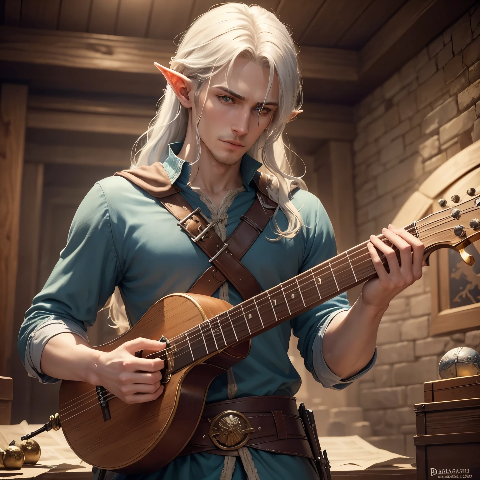 8k, masterpiece, best quality, realistic, higly detailed, 1male, solo, half-elf, 5'9ft. tall, 160lbs, pale bluish skin, gold hair, dnd, d&d, dungeons and dragons, dungeons & dragons, rpg, bard, musical instrument, 