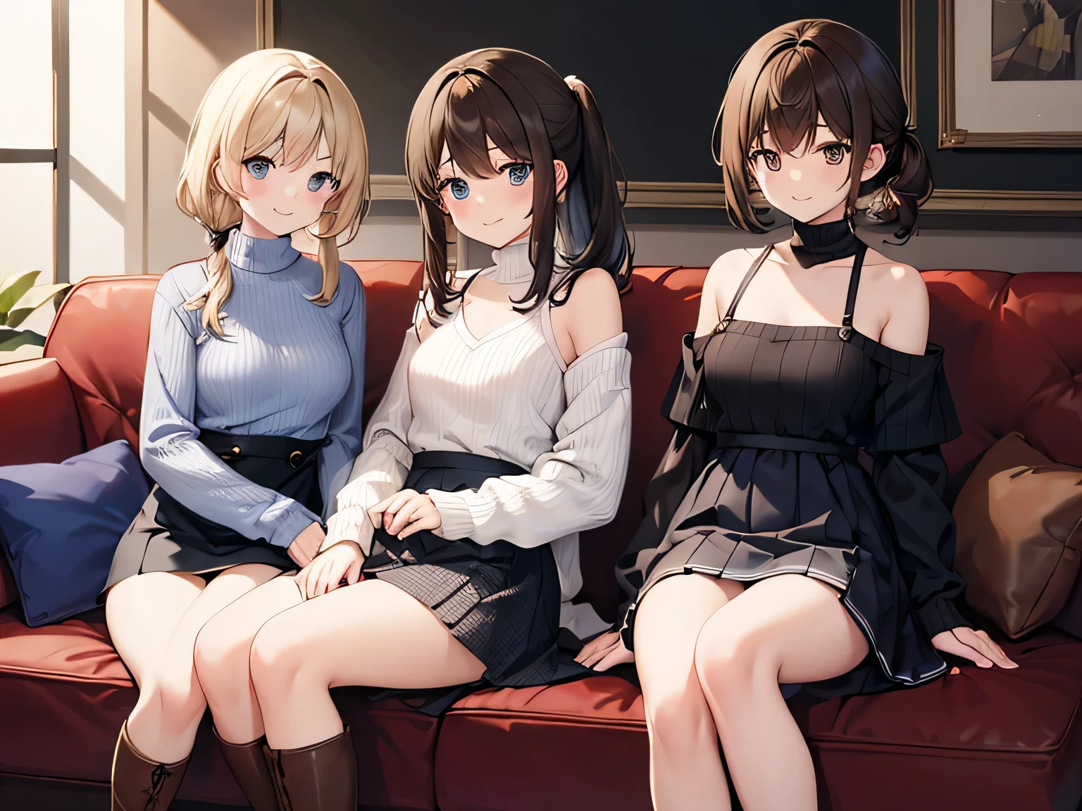 (Masterpiece, top quality, high resolution, realistic photo, realistic looking skin:1.1),
(The three women are sitting on chairs in a cafe: 1.5),
(All three women have short skirts that almost reveal their panties: 1.5), 
(All three have smiling faces: 1.5),
(The first is wearing an off-the-shoulder long-sleeved knit, a denim miniskirt, long brown boots, and short brown hair:1.8),
(The second is wearing a V-neck long-sleeved knit, a navy blue pleated miniskirt, long black boots, and long black hair:1.8),
(The third is wearing a turtleneck long-sleeved knit, a houndstooth patterned mini-skirt on a black background, long black boots, and brown hair in a ponytail:1.8),
(The location is a couch in a cafe:1.5),