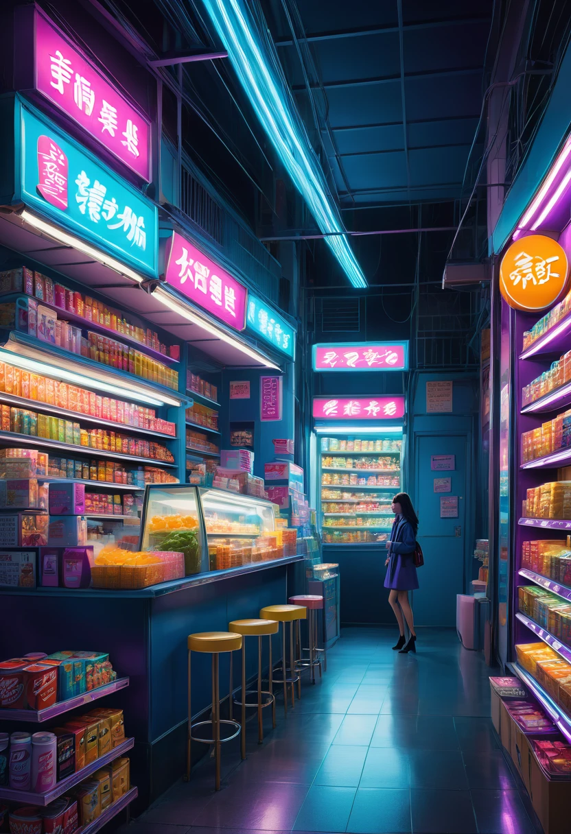 1girl, midnight convenience store, aesthetic, Neon Night page, vibrant city lights, dimly lit shelves full of snacks and drinks, a cashier with tired eyes, fluorescent lighting casting a soft glow, late-night customers browsing the aisles, flickering neon signs outside the store, a sense of mystery and solitude, a hazy atmosphere with a touch of nostalgia, cinematic and atmospheric, high-res details capturing the smallest nuances, a combination of realism and dream-like quality, urban aesthetic blending with a hint of surrealism, cool blue and purple tones, soft shadows and subtle highlights, an ambiance that evokes a sense of tranquility and possibility in the midst of the night.
