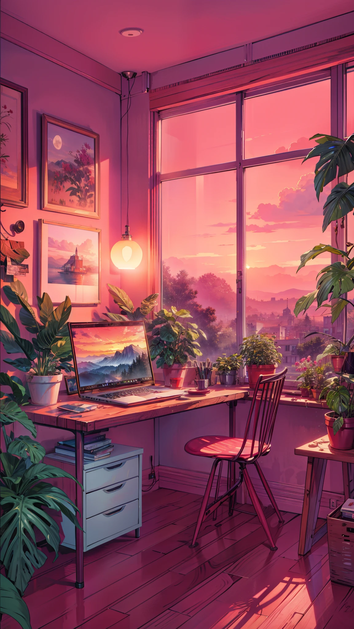 a laptop computer sitting on top of a wooden desk, dream atmosphere, cute room, a room, personal room background, photorealistic room, floral sunset, cozy environment, room full of plants, peaceful mood, vibes, lofi aesthetic, sunset mood, brightly lit pink room, open room, dream - like atmosphere, dream-like atmosphere, tumblr aesthetic, 4k hd,, beautiful art uhd 4 k, a beautiful artwork illustration, beautiful digital painting, highly detailed digital painting, beautiful digital artwork, detailed painting 4 k, very detailed digital painting, rich picturesque colors, gorgeous digital painting
