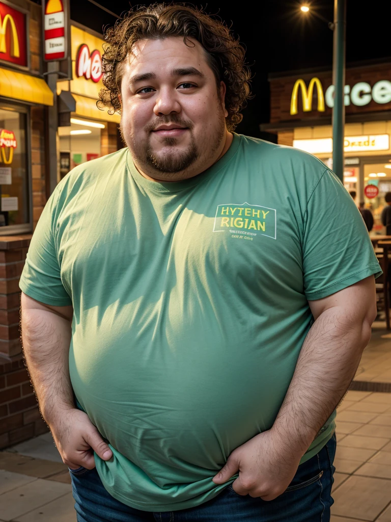 hyperrealism, (photorealistic:1.2), (photorealistic light:1.3), masterpiece, best quality, perfect detail, professional photo, realistic photo, raw photo, realistic style, detailed face, fat guy, curly hair, greasy, greasy green T-shirt, greasy face , McDonald's