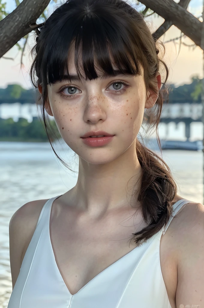 ( masterpiece, top quality, best quality,8k,17 years old girl,ultra detailed,raw photo:1.5),(photorealistic:1.4), (bangs, black hair:1.5), (cinematic lighting), PerfectNwsjMajic, , Surrealism, UHD, ccurate, Super detail, textured skin, High detail, Best quality, dynamic angle, White skin,[Beautiful blue eyes], high nose,[flat chest:large breasts:0.5],(1girl),(good anatomy:0.5)),(outside,river,portrait:1.5),white dress, freckles,original face 