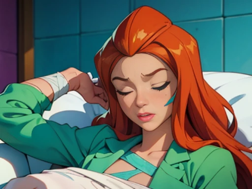 (masterpiece, best quality), sam \(totally spies\), orange hair, long hair, green eyes, ((bandaged)), ((injured)), hurt, eyes closed, laying down on her back ((unconscious)), ((wounded)), many bruises