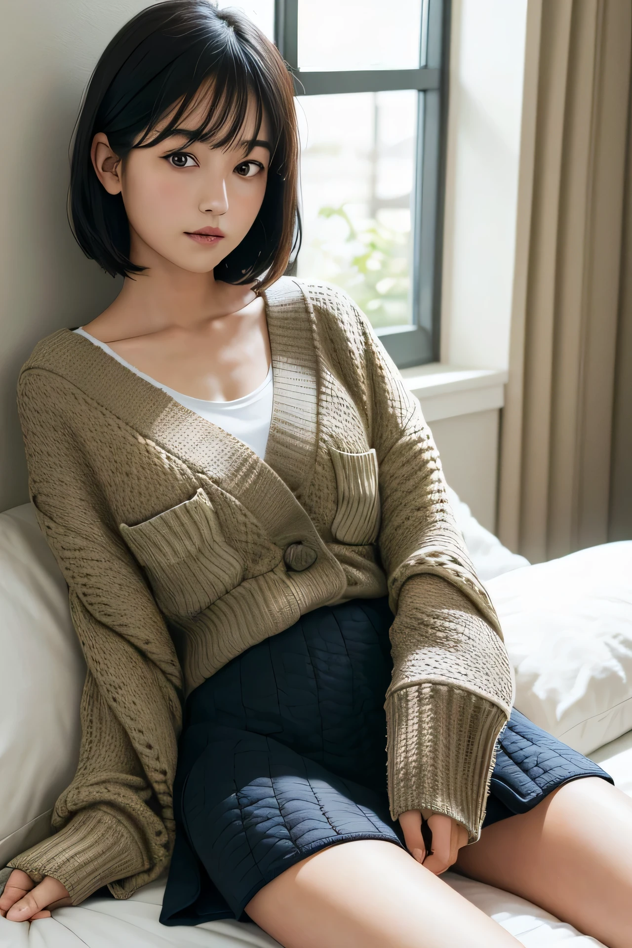 (High Definition),One Girl, Japan Person, Cute, Black Hair Short, wearing Ribbed Knit Drop Shoulder Cardigan, (Flap Pocket Wrap Hem Quilted Skirt:1.2), leaning on cushions at bedroom, spread legs, looking side glance, (A cup of tea:1.2), Natural light:,