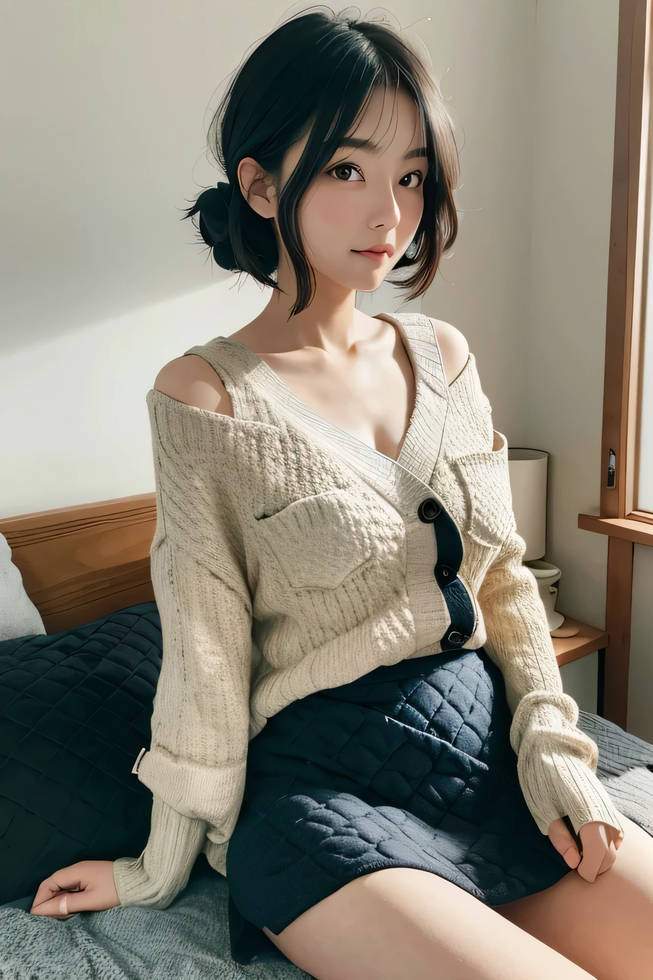 (High Definition),One Girl, Japan Person, Cute, Black Hair Short, wearing Ribbed Knit Drop Shoulder Cardigan, (Flap Pocket Wrap Hem Quilted Skirt:1.2), leaning on cushions at bedroom, spread legs, looking side glance, (A cup of tea:1.2), Natural light:,