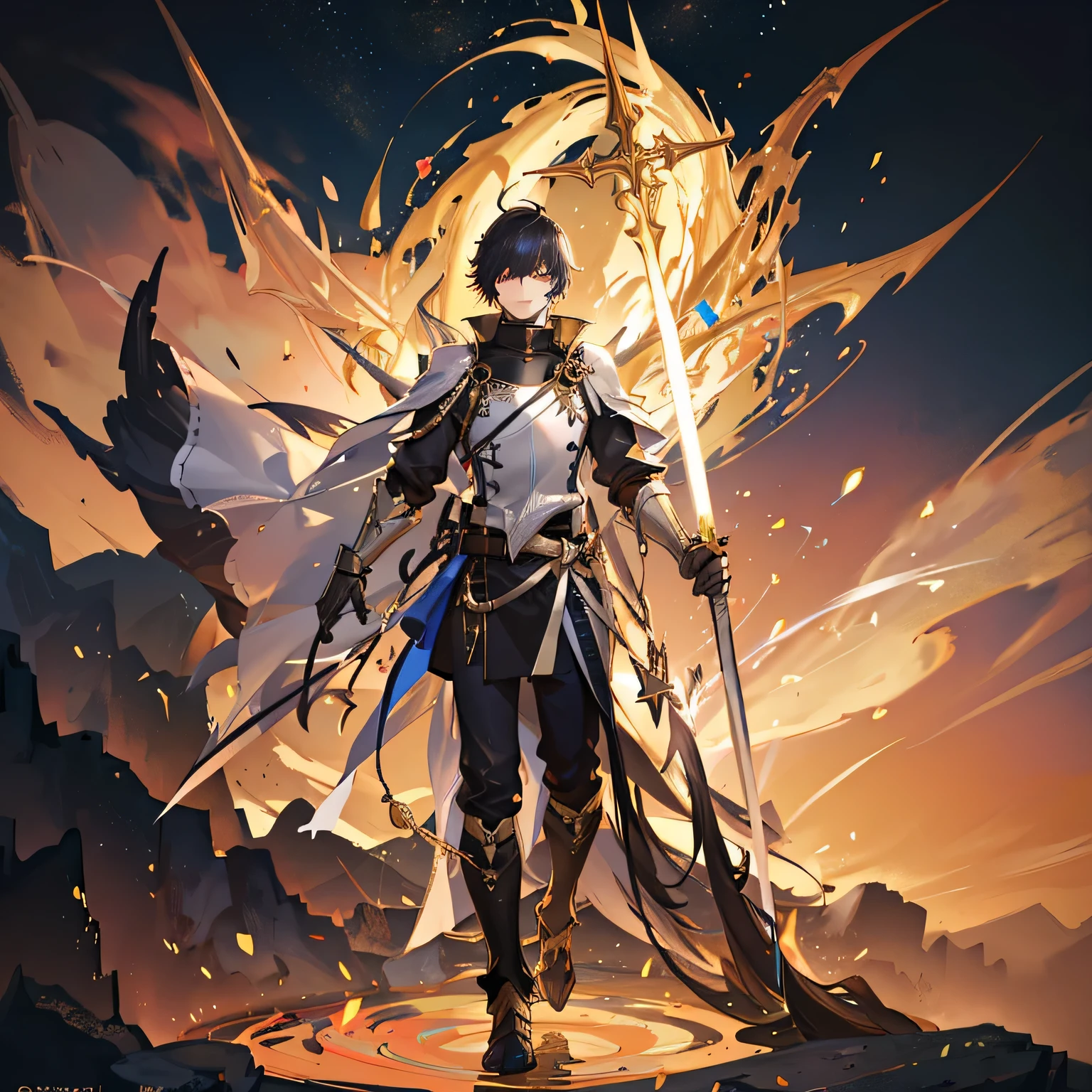 A entities,his head full shadow black,his eye glowing ,he are wearing full body heavenly armor White and mixed with gold,he holding a godly sword,heavenly ambience,light background