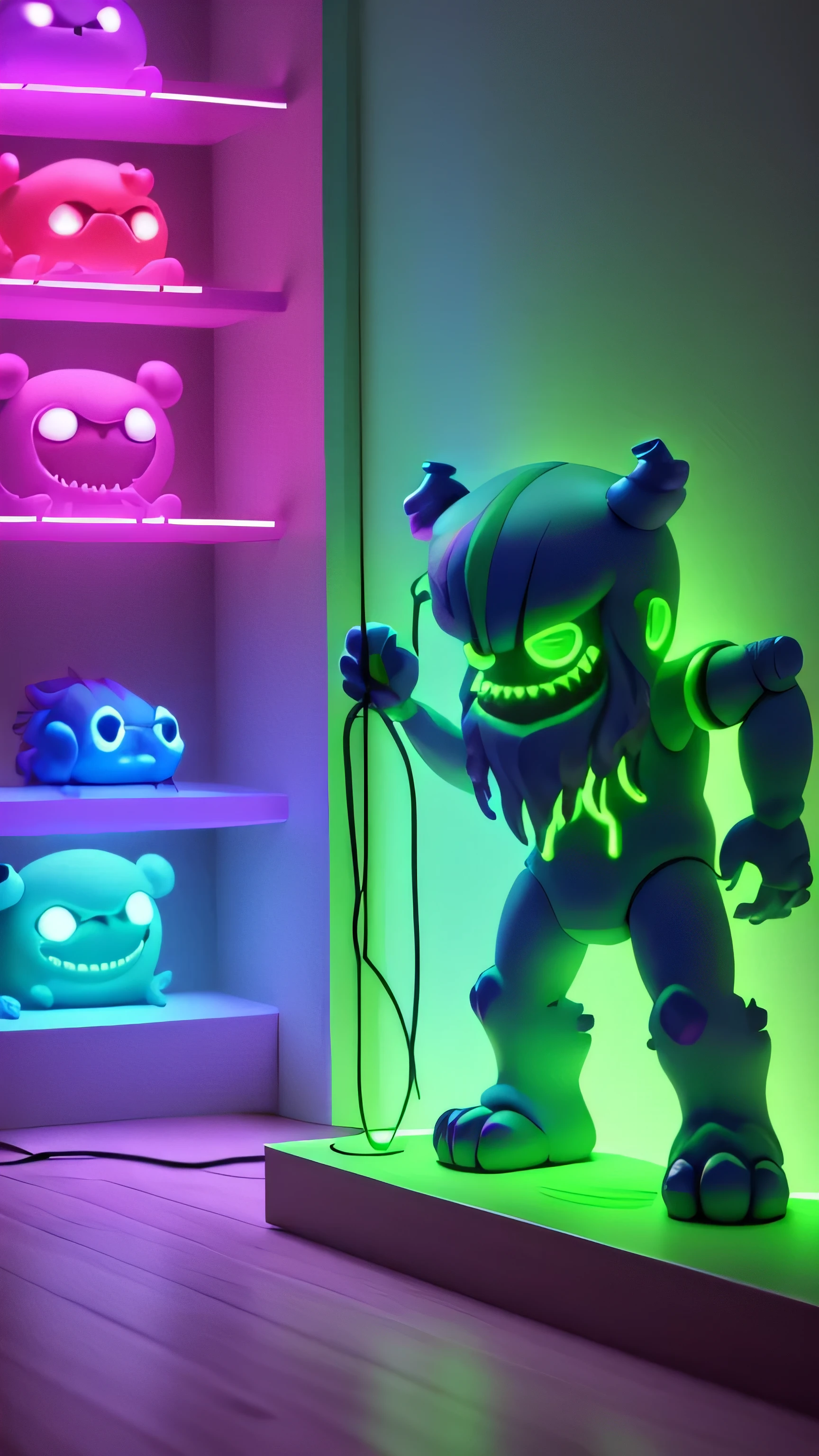 Monsters Toys Shelf with neon light, green cyan color, 8k