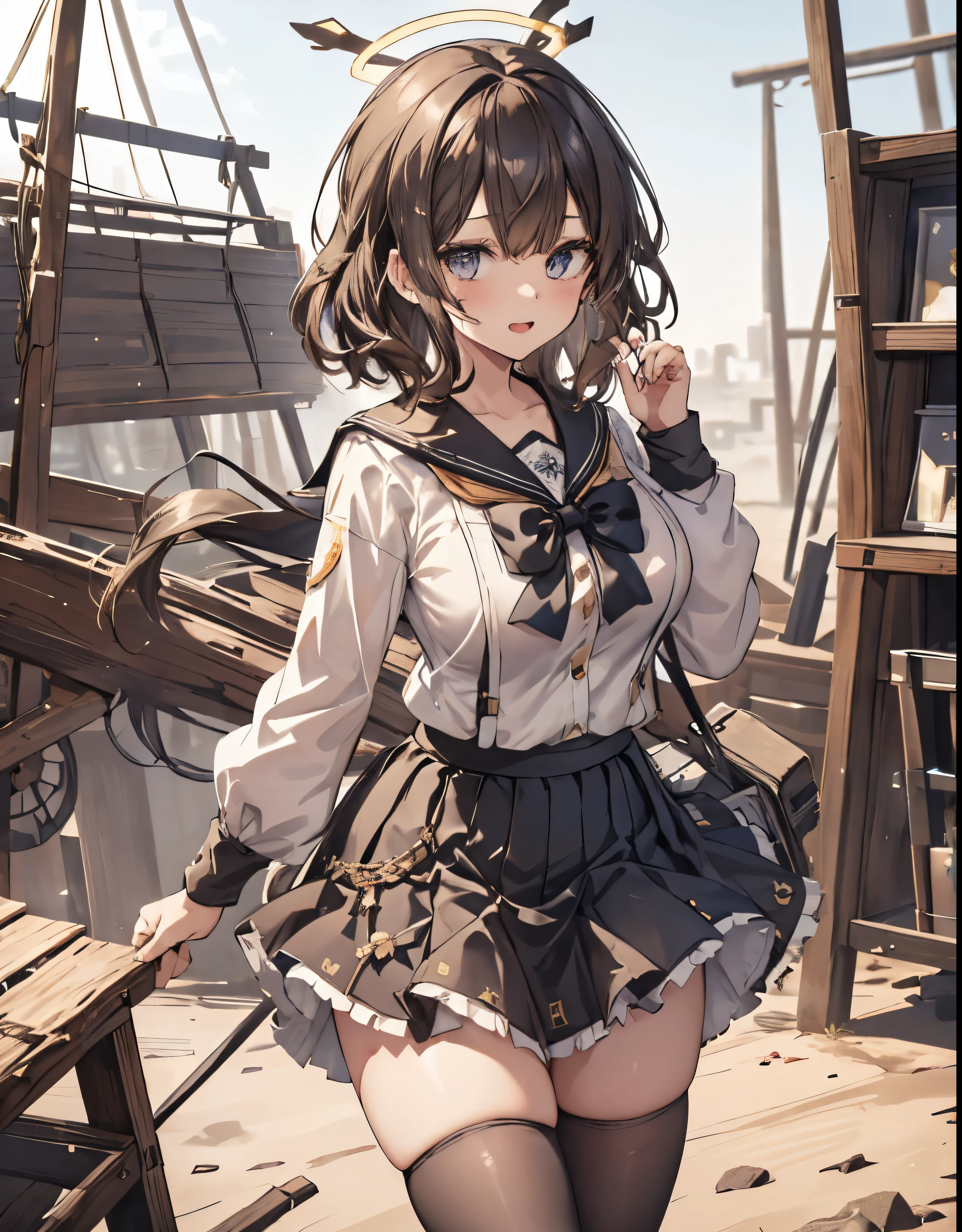 masterpiece, 1girl, sparrow, a black haired girl, wearing a sailor clothes, curly medium hair, messy hair, slim body, he close her left eye, shirt ornament, (golden eyes:0.8), ahoge, baby face, huge breast, beautiful breasts, rounded breasts, long sleeves, beautiful eyes, white stocking, droopy eyes, skirt, black skirt, plaid skirt, her age is 19 years old, ricefield, bowtie, brown sailor collar, flared skirt, tight shirt, skirt, hifumidef, seductive smile, seductive open mouth, (helmet:0.9)