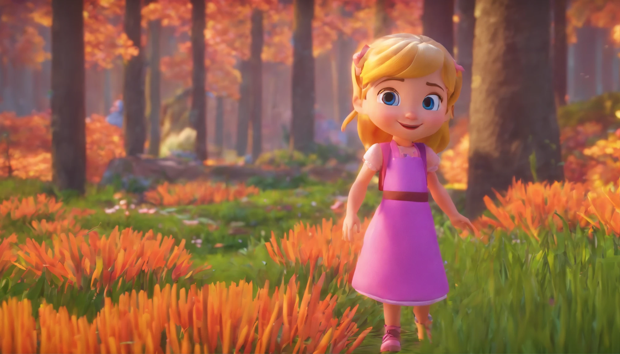 introduse the main character.lila asThe seven-year-old,standing in abutiful forest surrounded by abeutiful forest. tall and swaing trees..animated background,high quality.4k.3d.illustration Princess Leila is characterized by her adventurous and gentle spirit. She loves helping others and always seeks to discover new and exciting things. Her soft, blond hair gives her a fitting look for her childhood, and her blue eyes reflect innocence and enthusiasm. She wears a pink dress that reflects her pure essence and her girlish femininity.