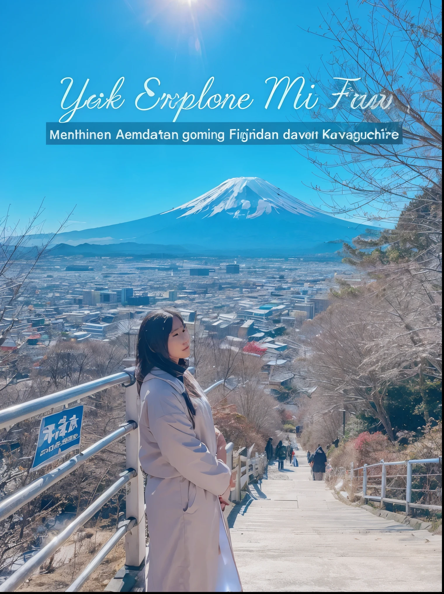 a beautiful Indonesian woman, 26 years old, tall, ideal weight, standing on a path with a mountain view, Mount Fuji in the background, inspired by Ma Yuanyu, Mount Fuji, Mt. fuji, fuji choko, japan travel aesthetic, at sunrise snowy mount fuji, japan sightseeing, yuyushiki, deeper exploration of japan travel, inspired by Kaii Higashiyama, mount fuji background