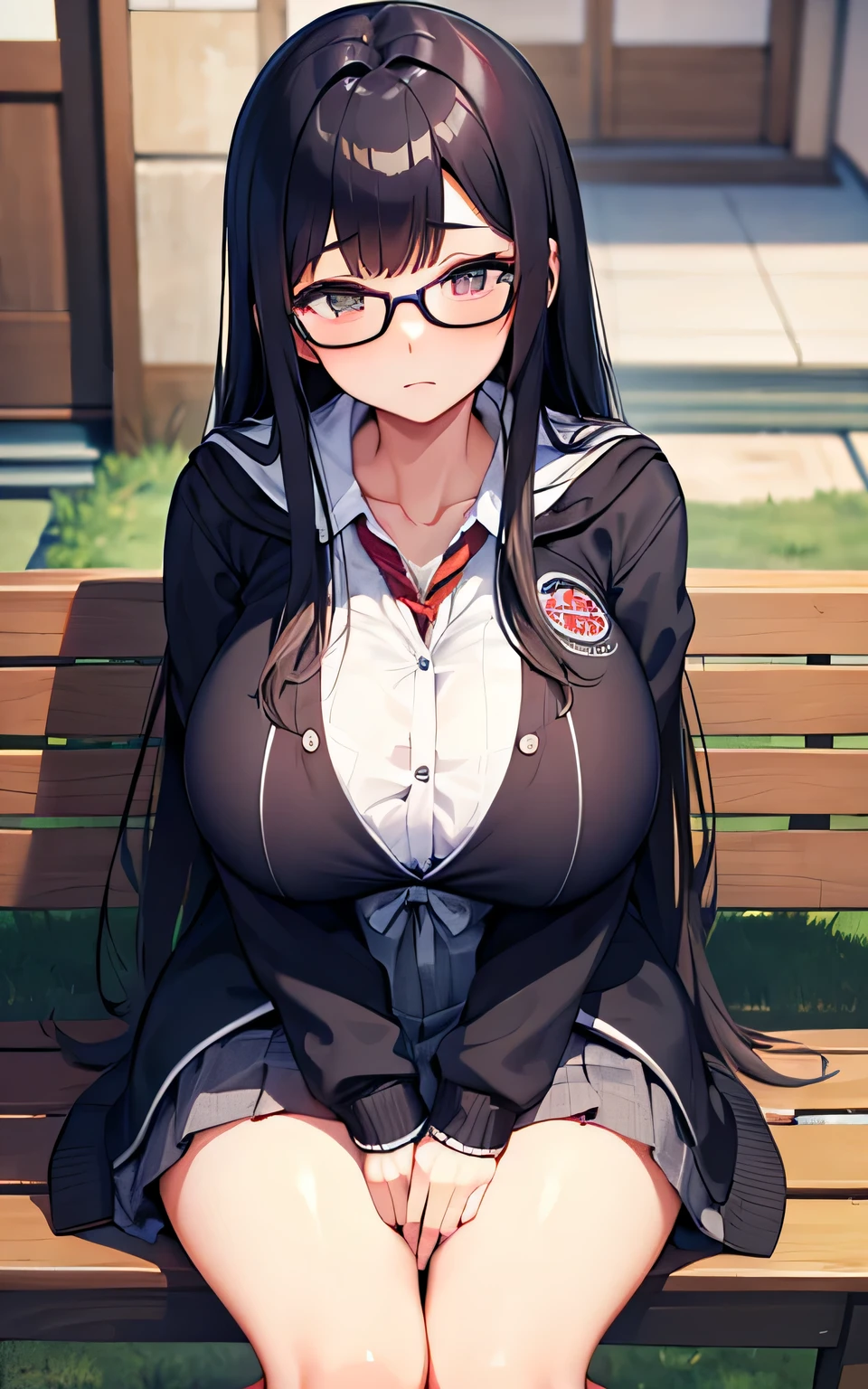 A keen girl, casual style, sitting , student with glasses, long hair, Japanese high school student clothes, black jaket, casual style, ultra high Quality potrait, (huge breast:1.3)