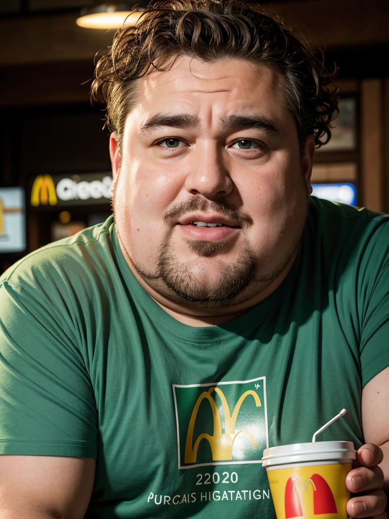 hyperrealism, (photorealistic:1.2), (photorealistic light:1.3), masterpiece, best quality, perfect detail, professional photo, realistic photo, raw photo, realistic style, detailed face, fat guy, curly hair, greasy, greasy green T-shirt, greasy face , McDonald's, looking at viewers