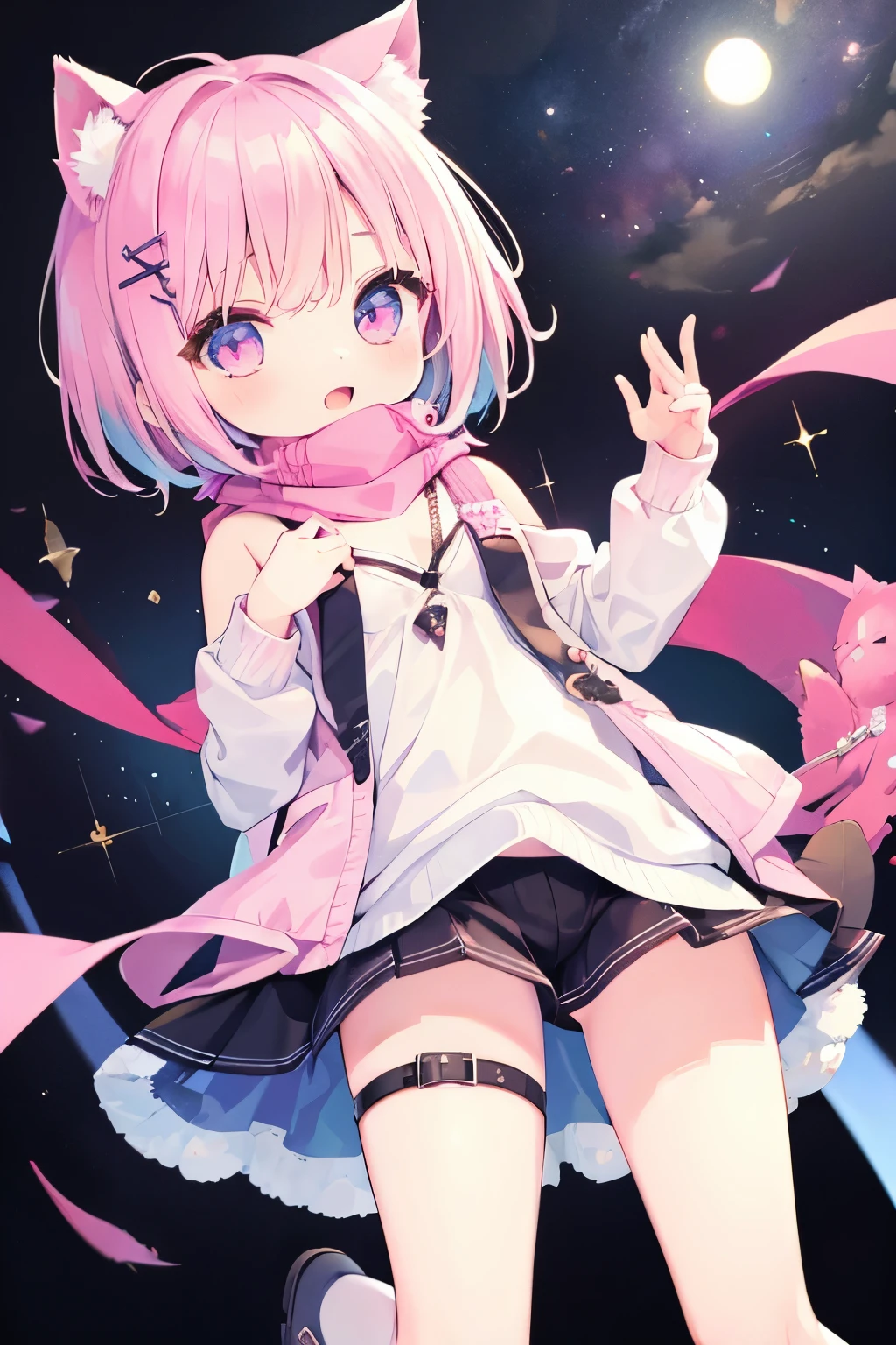 Very beautiful and shining eyes、shining eyes、((1 girl))、small breasts、big mouth、high school girl、small breasts、Cat ear、Transparent pink short hair、scarf、hot pants、transparent clothes、childish clothes、7--old l