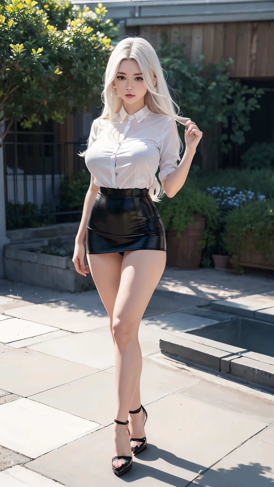 (8k, RAW photos, top quality, masterpiece: 1.2), (realistic, photorealistic: 1.37), (High Quality), (Ultra realistic), (High Details), (Face detail), (Shadow Detail), (Big breast : 1.3), 1 girl, (Mature Female), MILF, solo, Green eyes, White hair, long hair, Pink Lips, Blush, (Extreamly Face Detailed), (Ultra Face Detailed), white shirt, black skirt, (Hand detailed), Fingers Detailed, full body, (thin body), (slim body), slim stomach, Thick thighs, small soulders, (weight 170cm), black shoes, full body shoot, standing