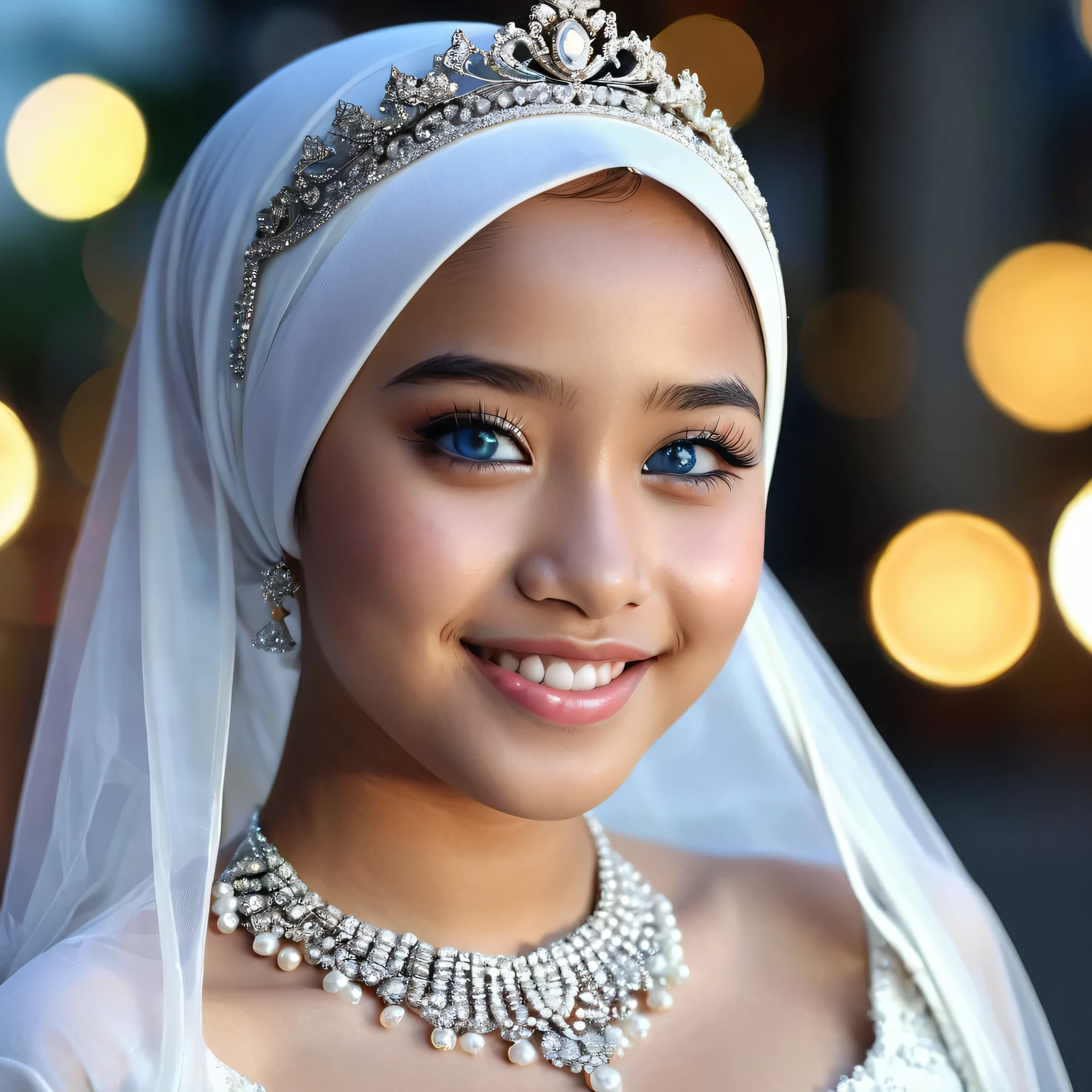Very realistic, Beautiful and cute baby face, 15 year old Indonesian girl, blue eyes, hijab, white Gothic dress without detailed straps, tiara, cleavage cut, round breasts, slightly fat, fancy earrings, fancy necklace, white skin, smiling, Dark City Background, mid shot, upper body, Perfect Portrait, Bokeh Effect, Viewer's View, Underarm, Perfect Eyes, Perfect Hand, Perfect Finger, Bracelet, Ring, (bust size:1.2), ((adorable:1.2)) , ( (masterpiece:1.1)), ((bokeh:1.2)),