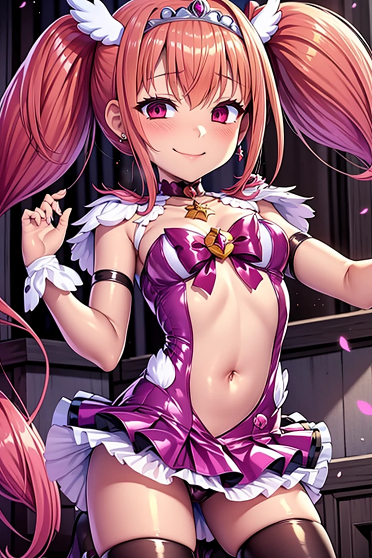 Cure happiness, low twin tails, Feather hair ornament, skirt, tiara, wrist cuffs, pink shorts, shorts under skirt, boots, corruption, empty eyes, half closed eyes, evil smile, There are no students, crazy smile, open your mouth, 1 girl, mature woman, married woman, Dark Magical Girl, Frame-in the whole body,