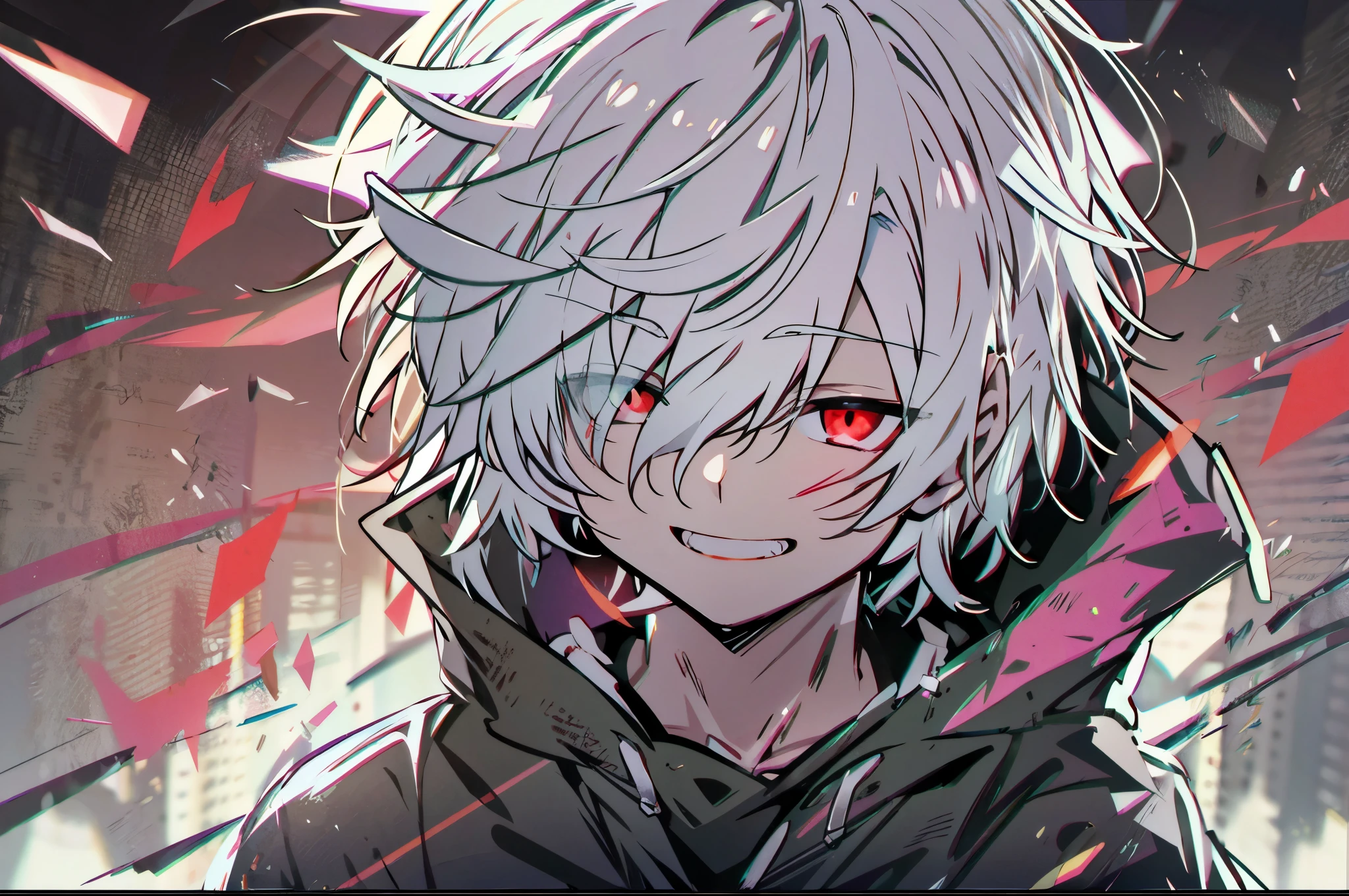 High resolution,close distance、solo、Anime boy with white hair and red eyes staring at the camera, glowing red eyes,slim, dressed in black clothes,Shadow Body,colorful background,hair is dirty,yameroyandere, diagonal angle、grinning、open your mouth、open mouth