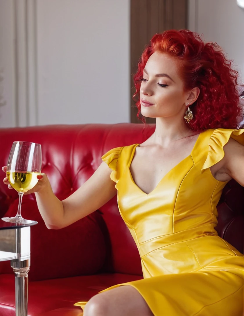 Generates an 8k UHD photograph of a beautiful girl in a yellow dress sitting on a red leather sofa with a glass of wine in her hand, a living room background painted completely white, she is sitting elegantly on the sofa, she has red hair