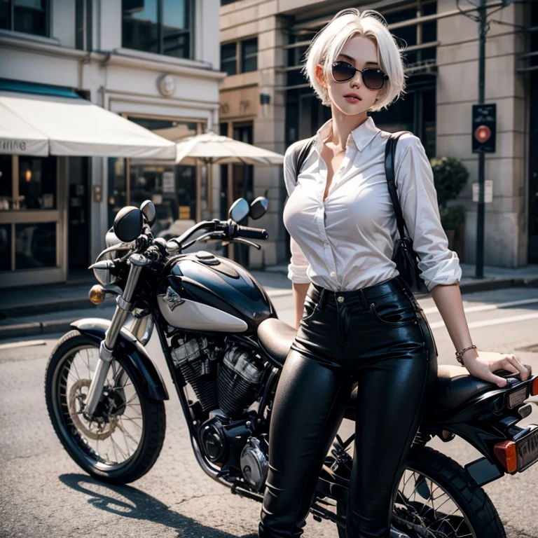 Perfect face, cute girl, big breasts, white hair, short hair, 22 year old, sunglasses, black pant, white shirt, riding a bike