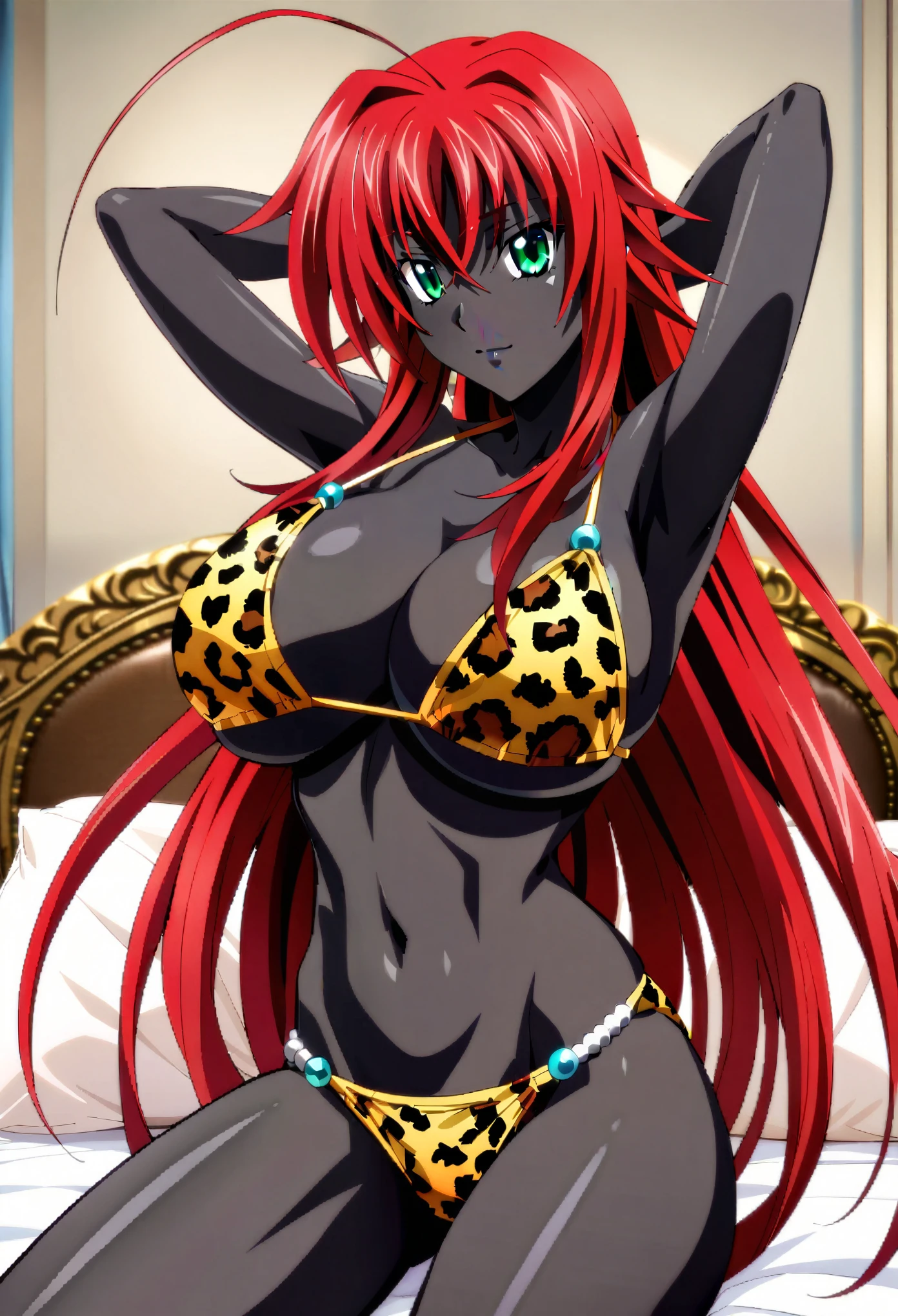 masterpiece, high quality, extremely detailed, 1girl, solo, (dark skin, black skin:2.1), sysdeep_rias, (huge :1.2), ((((red hair), ahoge, long hair, aqua eyes))), blue lips, (((bikini, leopard print bikini, pantieslight smile), closed mouth), ((arms behind head, bedroom))