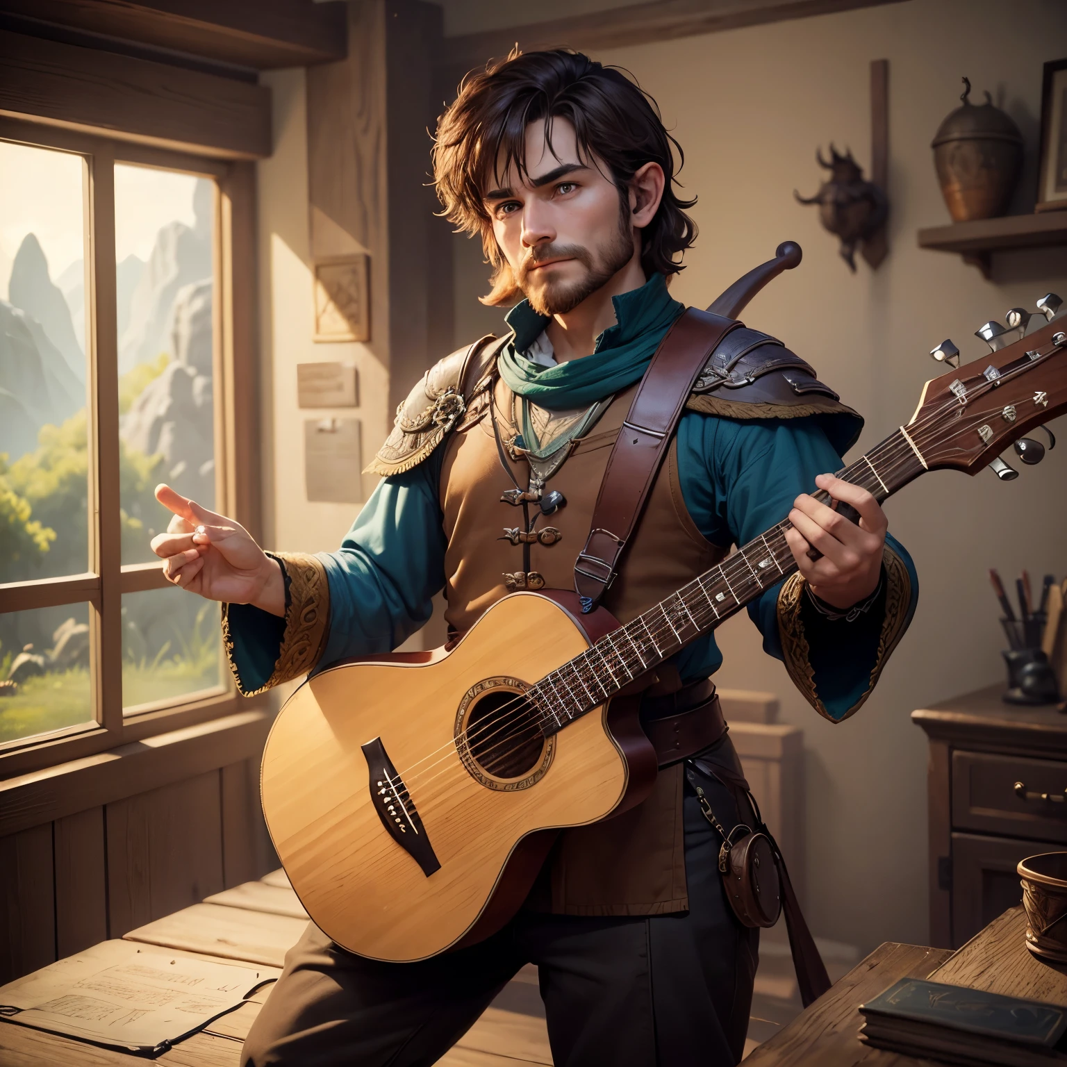 8k, masterpiece, best quality, realistic, higly detailed, 1male, solo, halfling, hobbit, lightfoot halfling, 3'0 ft., 37 lbs, brown hair, black eyes, ruddy skin, long sideburns, simple, well-made clothing that was comfortable to wear, bright colors, dnd, d&d, dungeons and dragons, dungeons & dragons, rpg, bard, musical instrument, 