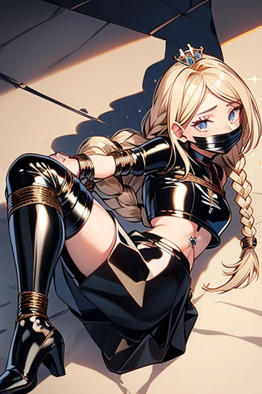 Shiny blond hair, very long hair, sophisticated haircut, ((((hair fully braided)))), ((small twisted braids)), thin and oval face, submissive, (((gagged))), ((((black tight latex crop top)))), ((((tight latex skirt)))), cute and blushing 18 years old anime girl, look away because she is embarrassed and blushes, bright blue eyes, detailed face, detailed members, detailed arms, detailed hands, ((((sparkling diamond jewelry)))), tiara, ((makeup)), high heels, puffy sleeves, long gloves, long eyelashes, Girl lying, tied by ropes, shackled, can no longer move, tied tightly, very hard tied up with lots of ropes, hampered by so many ropes that she can no longer move, bound hands and feet, ropes tie his whole body, tied extremely tightly and forcefully to her bed by a lot of ropes, its limbs are strongly tied together by ropes, his torso is tied up with thick cords, her chest is so tied up with ropes that it sticks out, her legs are tied tightly with thick ropes, his hands are tied behind his back with ropes, she can no longer move her feet, her hands which are tied by thick ropes, she desperately tries to free herself, likes to be tied tight with big ropes, likes to be immobilized by big ropes, lying down, his hands and feet are strongly tied to the railing of his bed, his legs are pressed together and tied with ropes, its limbs are held vigorously by imposing ropes, her hands are tied securely behind her back by ropes, her chest is compressed by strong ropes, she is pressed against her bed and restrained by large ropes (shibari, arms behind the back:1.4), (hands on the back), (masterpiece, best quality) 1.5, 1girl, solo, (sexy, beautiful woman, perfect face, perfect eyes, perfect hands), samus aran, (hands on the back), Spread the legs, s&#39; ((lie in bed by big ropes)), ((close up of the girl)), ((((lie in bed)))), ((((arms tied behind the back, Legs Tied,La fille est allongée sur le ventre, The girl is gagged on the floor, En regardant la caméra:1.5))))