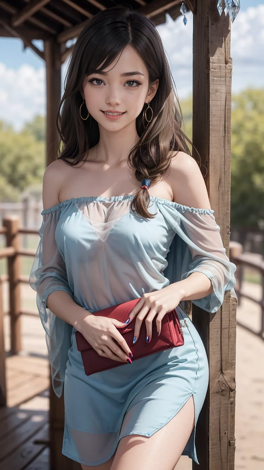 最high quality, 8K, masterpiece: 1.3, Ultra HD, high quality, 最high quality, High resolution, realism)) 、25 year old white woman、brunette、blue eyes、long hair、smile、slender、slenderだがアスリートのような細マッチョ、I don't want my head to disappear from the screen.、Wear accessories on your wrist、Wearing red nail polish、I have a peticure、aerial perspective((atmospheric perspective))、smile((smiley))、background blur((depth of field)、Wear a sheer, off-the-shoulder bodycon top、wear sandals、have a clutch bag、Being in the zoo、In front of the elephant exhibit、crystal earrings((crystal earrings))、long hair ((long hair))、Dark Blonde、Bangs at the parting((parted bangs))
