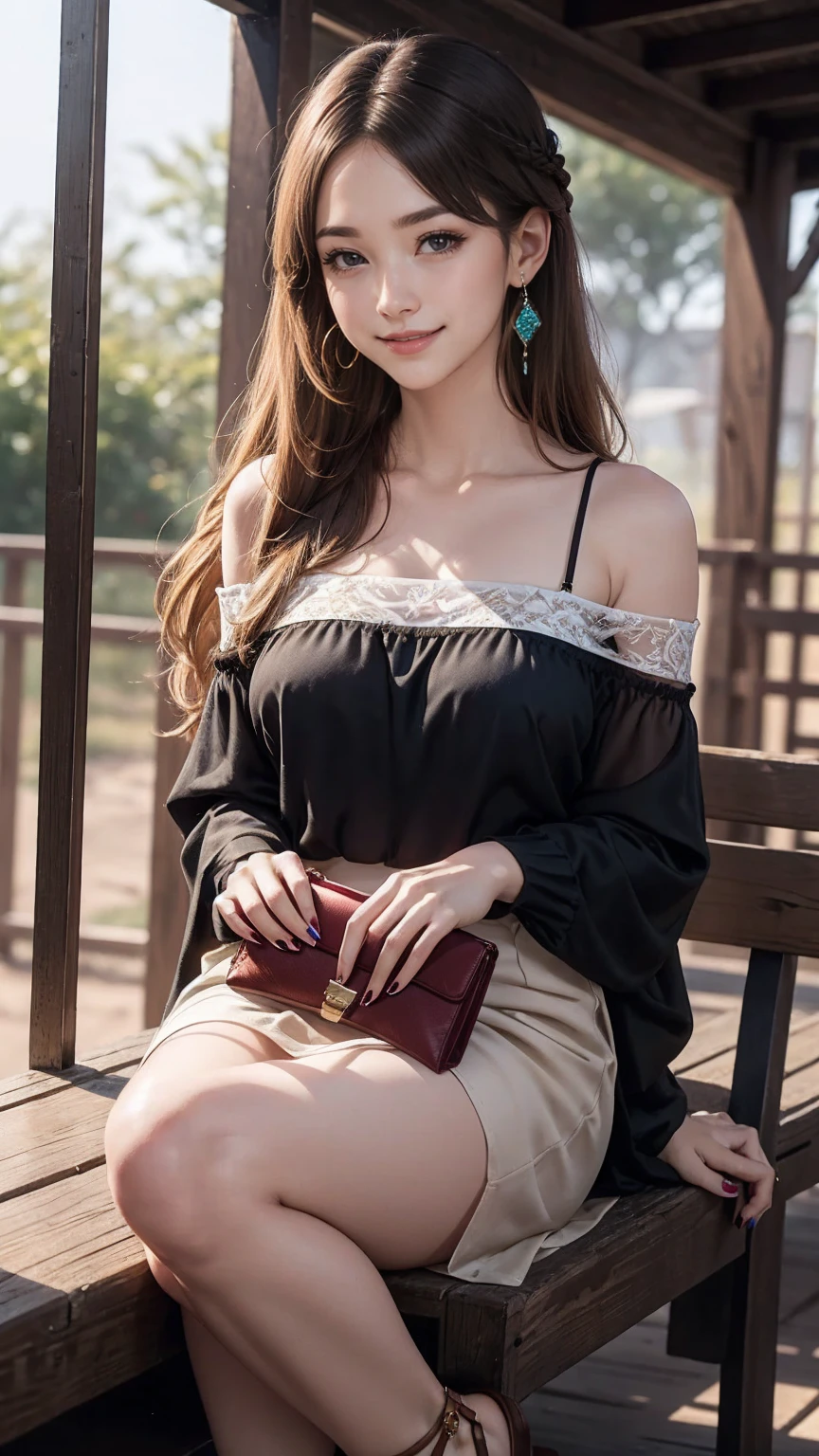 最high quality, 8K, masterpiece: 1.3, Ultra HD, high quality, 最high quality, High resolution, realism)) 、25 year old white woman、brunette、blue eyes、long hair、smile、slender、slenderだがアスリートのような細マッチョ、I don't want my head to disappear from the screen.、Wear accessories on your wrist、Wearing red nail polish、I have a peticure、aerial perspective((atmospheric perspective))、smile((smiley))、background blur((depth of field)、Wear a sheer, off-the-shoulder bodycon top、wear sandals、have a clutch bag、Being in the zoo、In front of the elephant exhibit、crystal earrings((crystal earrings))、long hair ((long hair))、Dark Blonde、Bangs at the parting((parted bangs))