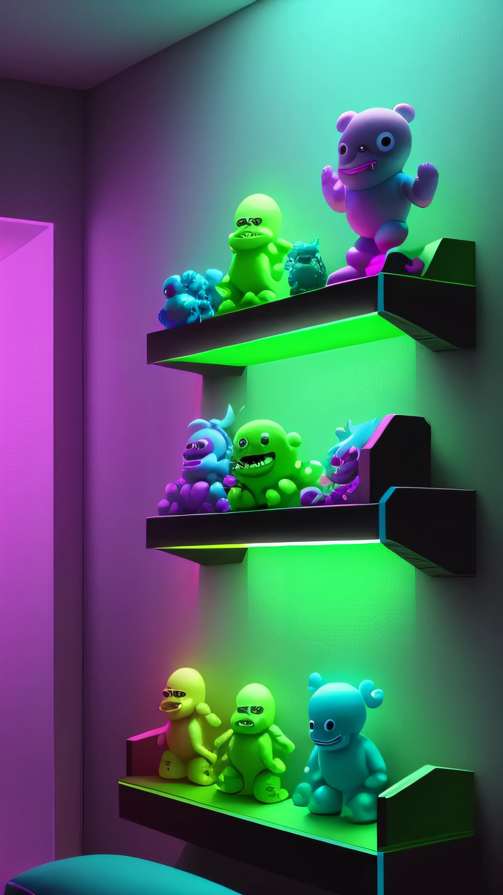 Toys monster Shelf with neon light, green cyan color, 8k