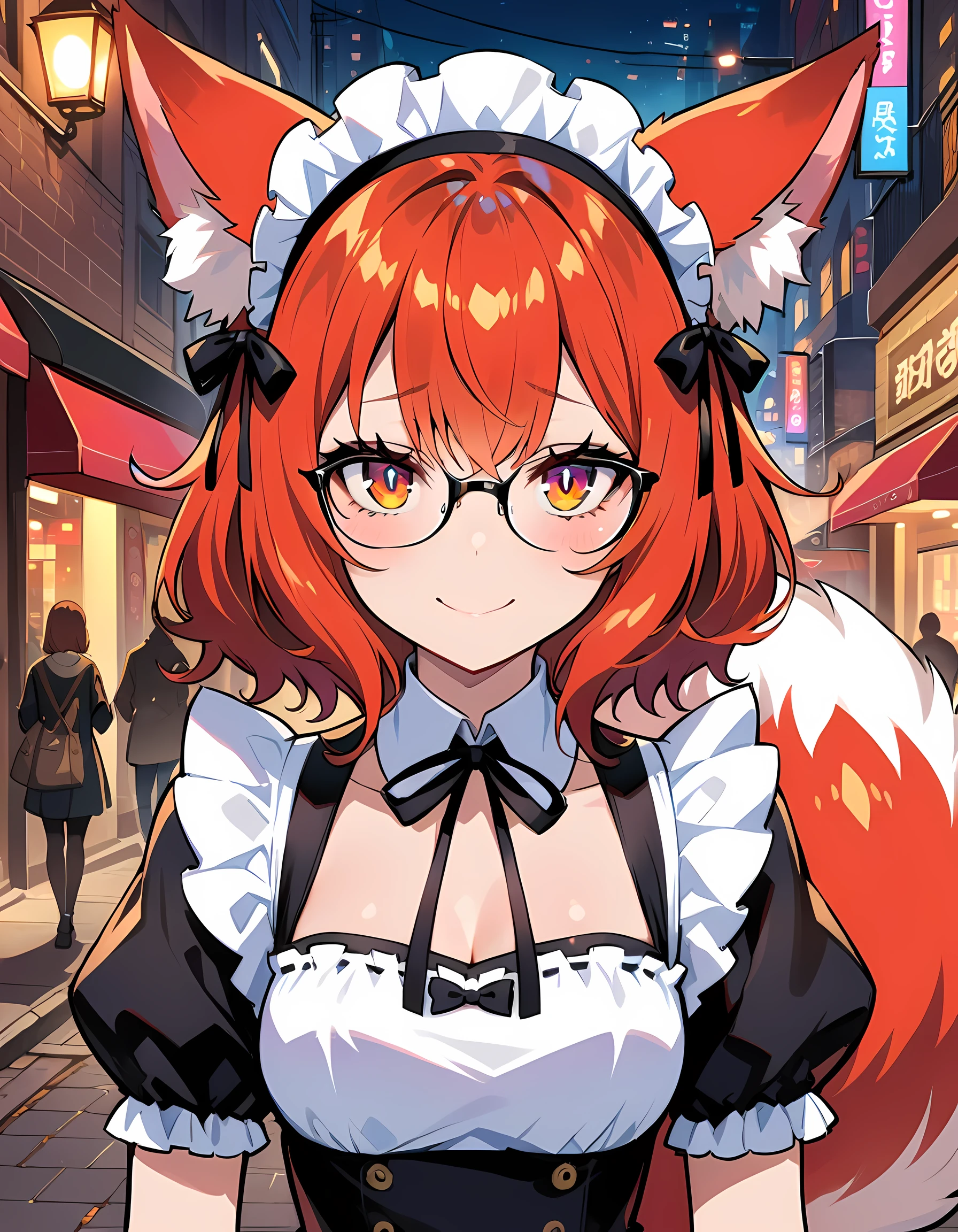 girl, lace and ribbon, fluffy and shy fox_girl, beautiful masterpiece quality, detailed eyes, medium length, glowing eyes, shiny hair, maid outfit, red short hair fuzzy girl, fluffy hair, shy, beautiful eyes, glasses, extremely fluffy tail, bow on the hair, young body, good girl, wearing a dress, street, (city lights), smiling eyes, confident expression,sunny,close-up shot focusing on the eyes