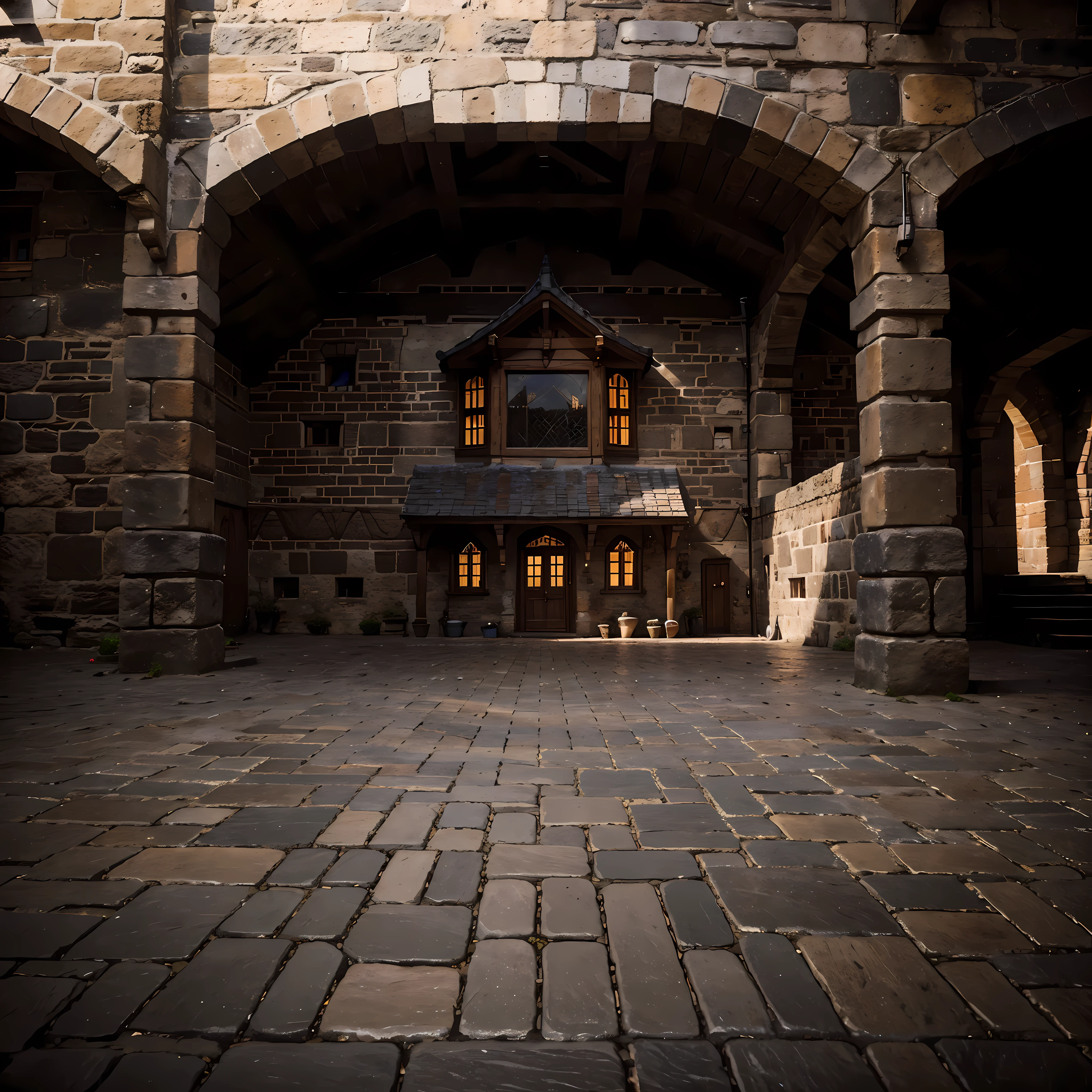 （masterpiece：1.4），（best quality：1.4），fantasy，Photo angle，Shooting angle，extremely detailed，complex，Super detailed，wool felt，blacksmith shop，town，Cobblestone ground，Red and black color scheme，Red and black bricks，illustration，soft lighting，castle，fortress，Duel arena exterior，Dusky sky，Reddish brown environment，castle，empire