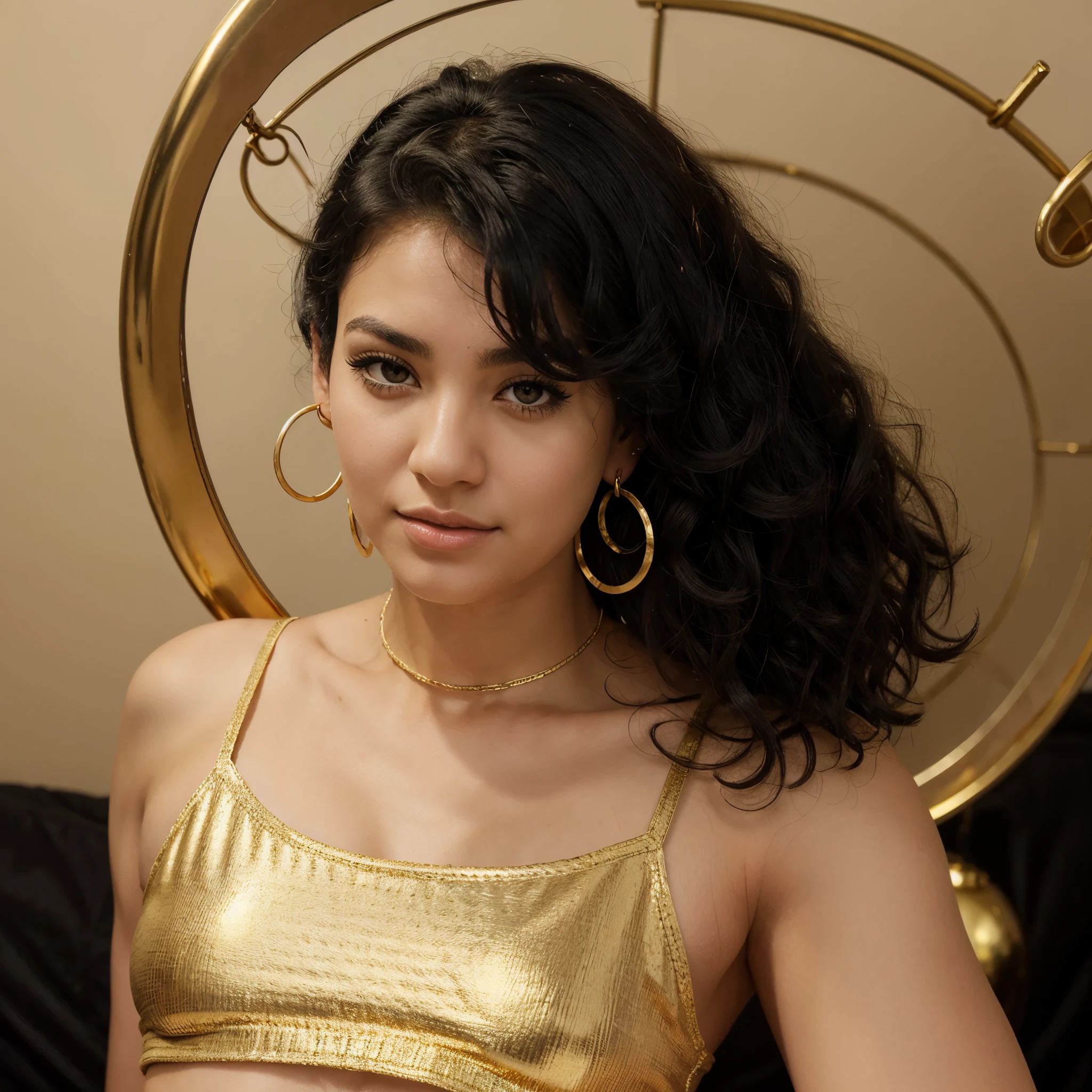Curly black hair, not so curly and a little too short,nose a little bigger, not too big like a ball nose, eyebrows not too thick or too thin, not skinny or fat, wearing a small gold hoop earring and a black crop top and eyeliner