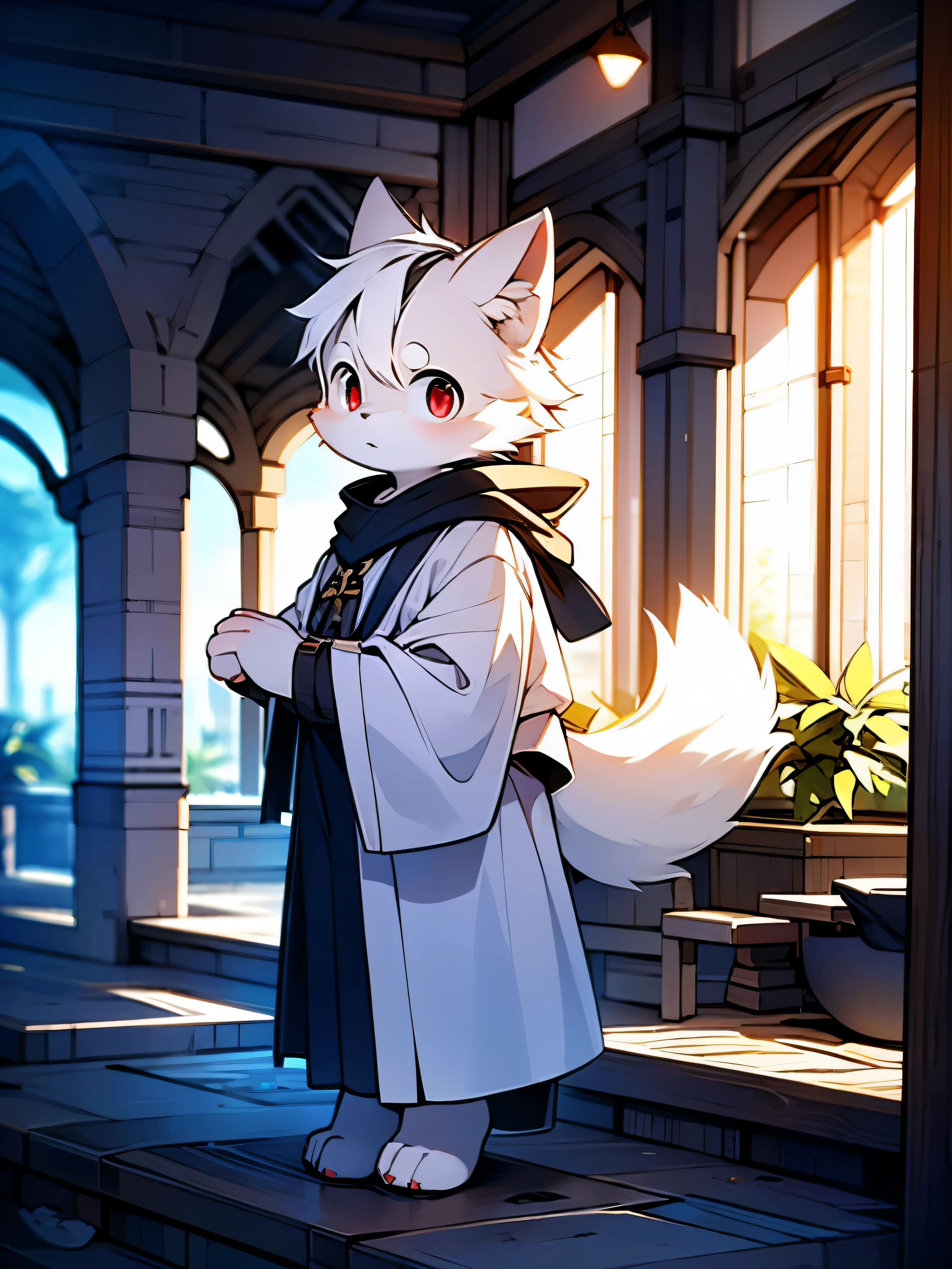 alone，mage，male，youth，white wolf，Black and white hair，red eyes，white robe，Gold diamond pattern，White trousers，white plush paws，serious expression，White stuffed tail，mystery，powerful，bright and lively eyes（A masterpiece）（high quality）（Clear structure）（Extremely detailed background）（extremelydetailedcharacter），stand