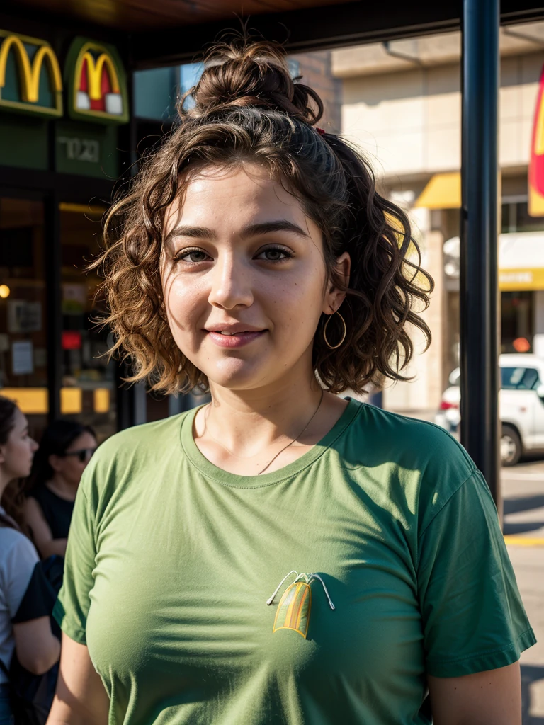 hyperrealism, (photorealistic:1.2), (photorealistic light:1.3), masterpiece, best quality, perfect detail, professional photo, realistic photo, raw photo, realistic style, detailed face, fat girl, curly hair, greasy, greasy green T-shirt,  greasy face , McDonald's, looking at viewers 