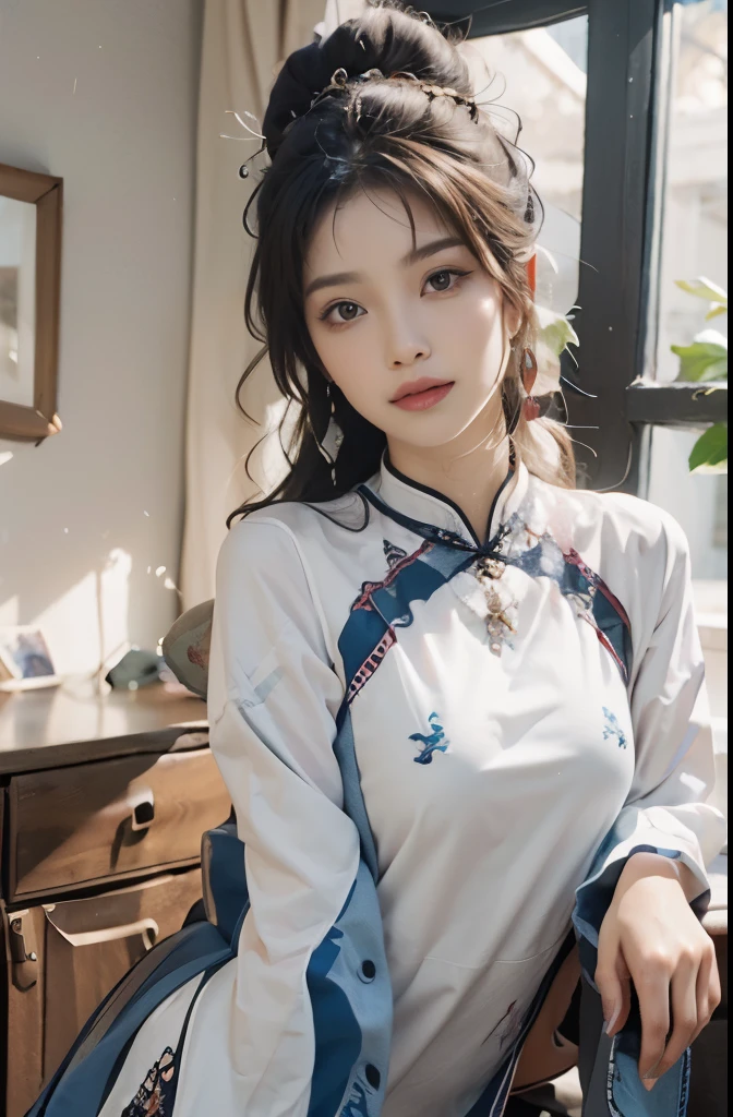 original photo，best quality），（lifelike，照片lifelike：1.3），best quality，Very detailed，masterpiece，super detailed，illustration，1 girl，whole body，Dynamic angle，World Masters Theater，messy_long_hair，best quality，Extremely detailed CG unified 8K wallpaper，，Astonishing，Light，lens_flare，Dunhuang_style，real person，hanfu