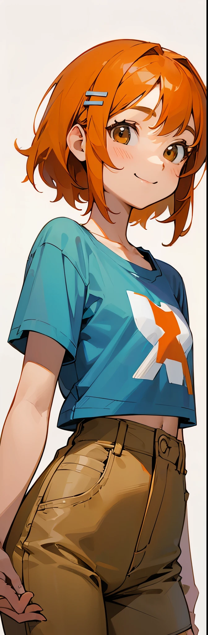 1 girl、anime painting、light blue medium hair、beautiful brown eyes、Orange Hair Clip、flat chest、smile、cowboy shot、simple t-shirt、put your hands on your hips、shorts