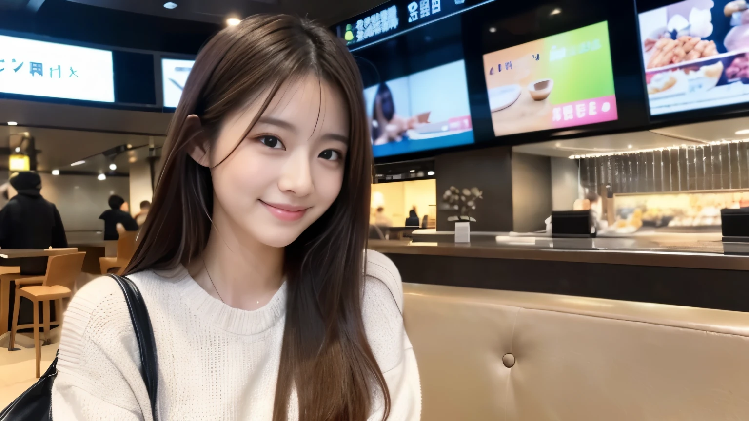 super high quality、natural brightness、日本の若いbeautiful girl、beautiful girl、Before leaving for overseas travel、Sitting in an airport cafe、straight long hair、neat and clean clothes、beautiful skin quality