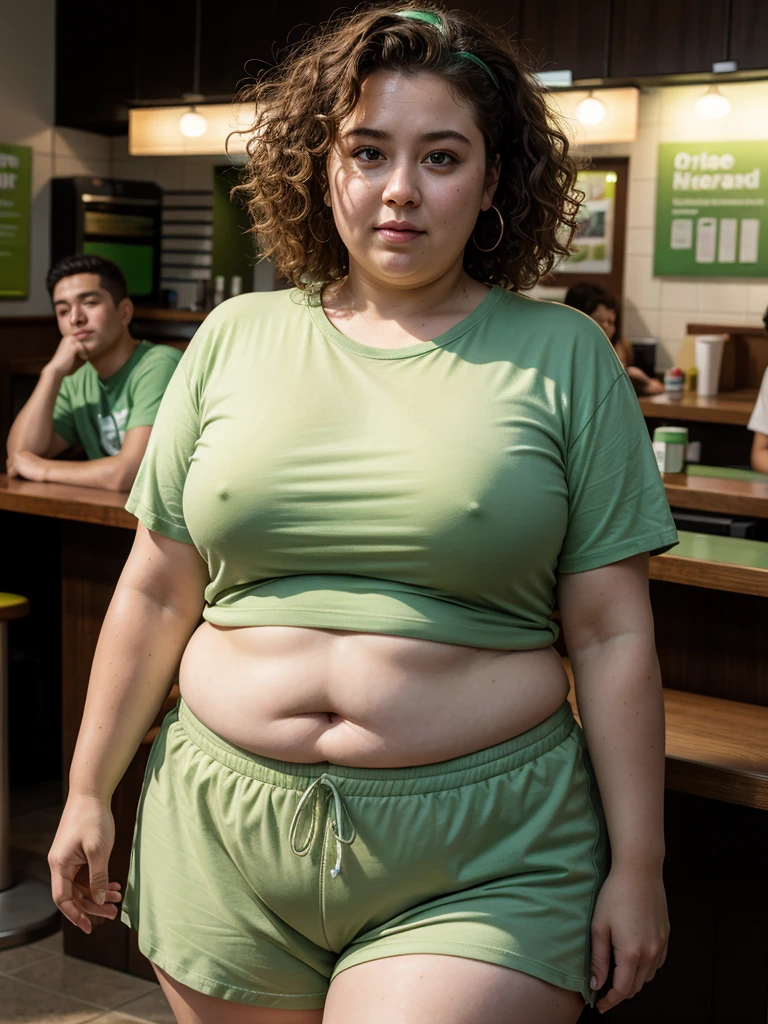 hyperrealism, (photorealistic:1.2), (photorealistic light:1.3), masterpiece, best quality, perfect detail, professional photo, realistic photo, raw photo, realistic style, detailed face, fat girl, curly hair, greasy, greasy green T-shirt,  green shorts, greasy face , McDonald's, looking at viewers 