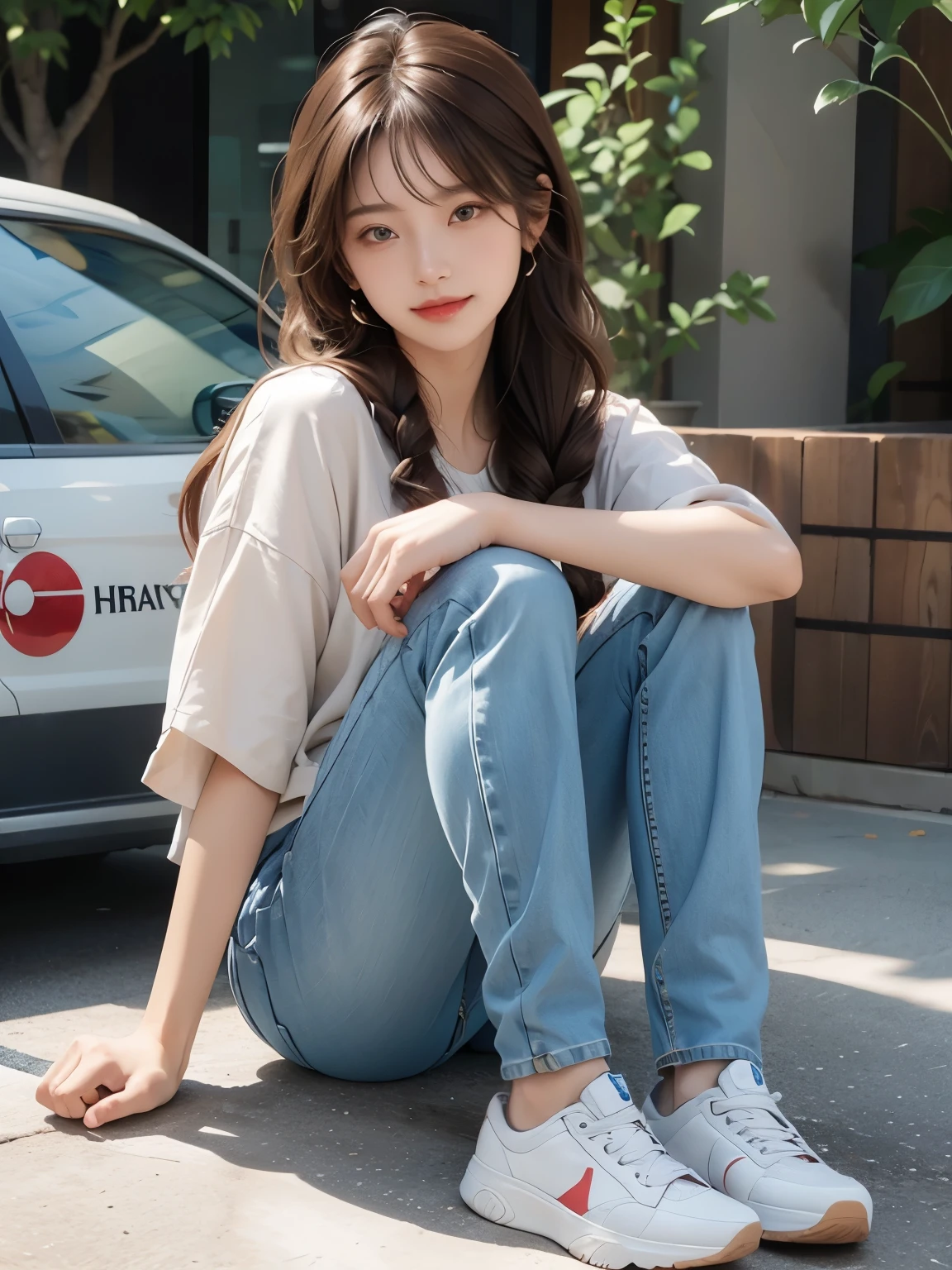 (masterpiece:1.3), (8K, realistic, Raw photo, highest quality:1.4), (realistic face), (brown hair, One knitting, braided hair:1.3), Beautiful Hairstyles, realistic eyes, Detailed and beautiful blue eyes, (realistic肌質), (beautiful skin), (((riding a motorcycle))), charm, ultra high resolution, 超realistic肌, (Natural light)、golden ratio, ((smile)), ((full body shot)), (((Red trainer)))、((Skinny jeans and sneakers))
