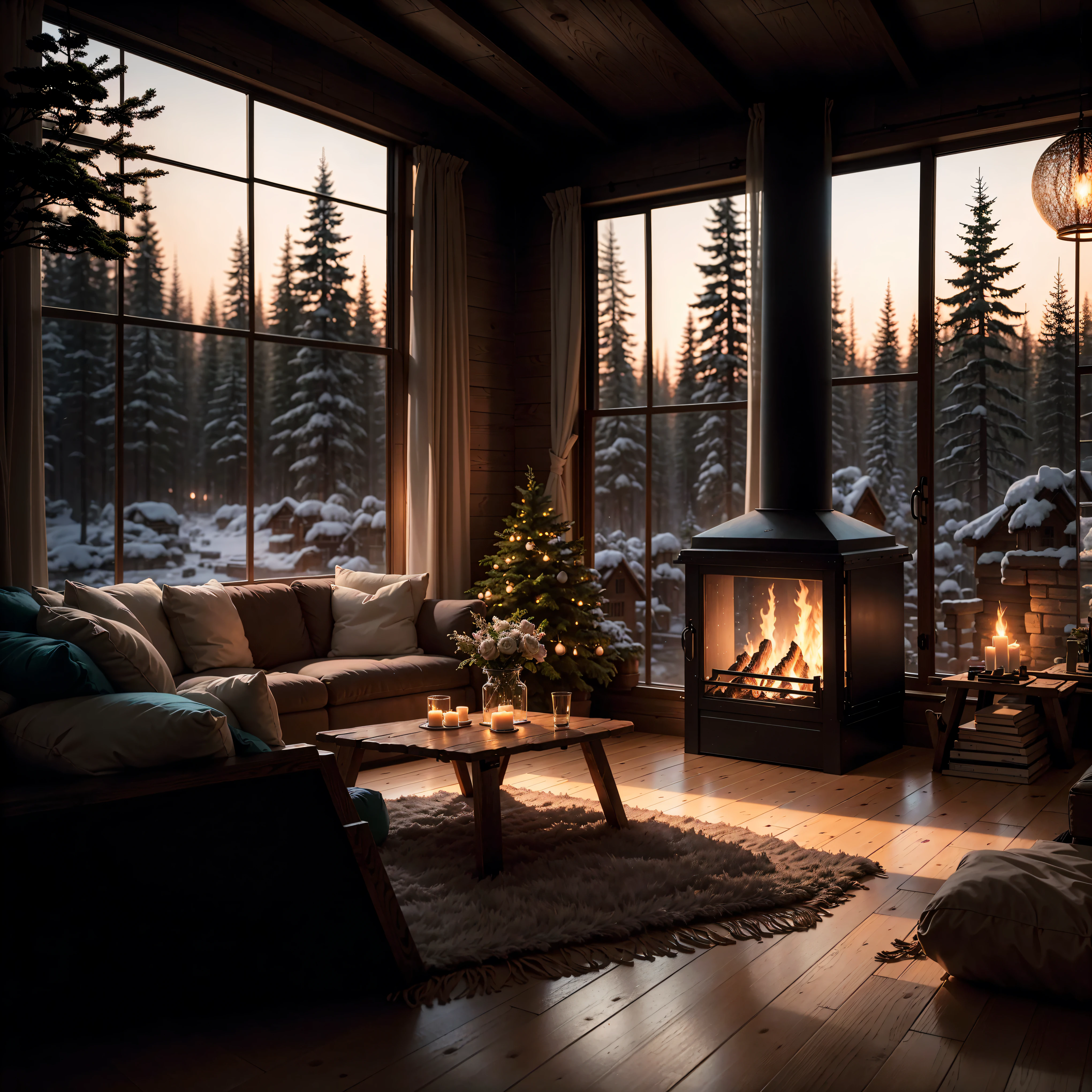 THIS EVENING WOODEN CABIN LIVING ROOM ANIME BACKGROUND, (COZY ATMOSPHERE), (SUBTLE LIGHTING), BRIGHT STONE FIREPLACE FIRE, LIONSKIN RUG THIS EVENING BEST QUALITY, TRANSPARENT GLASS WINDOWS
