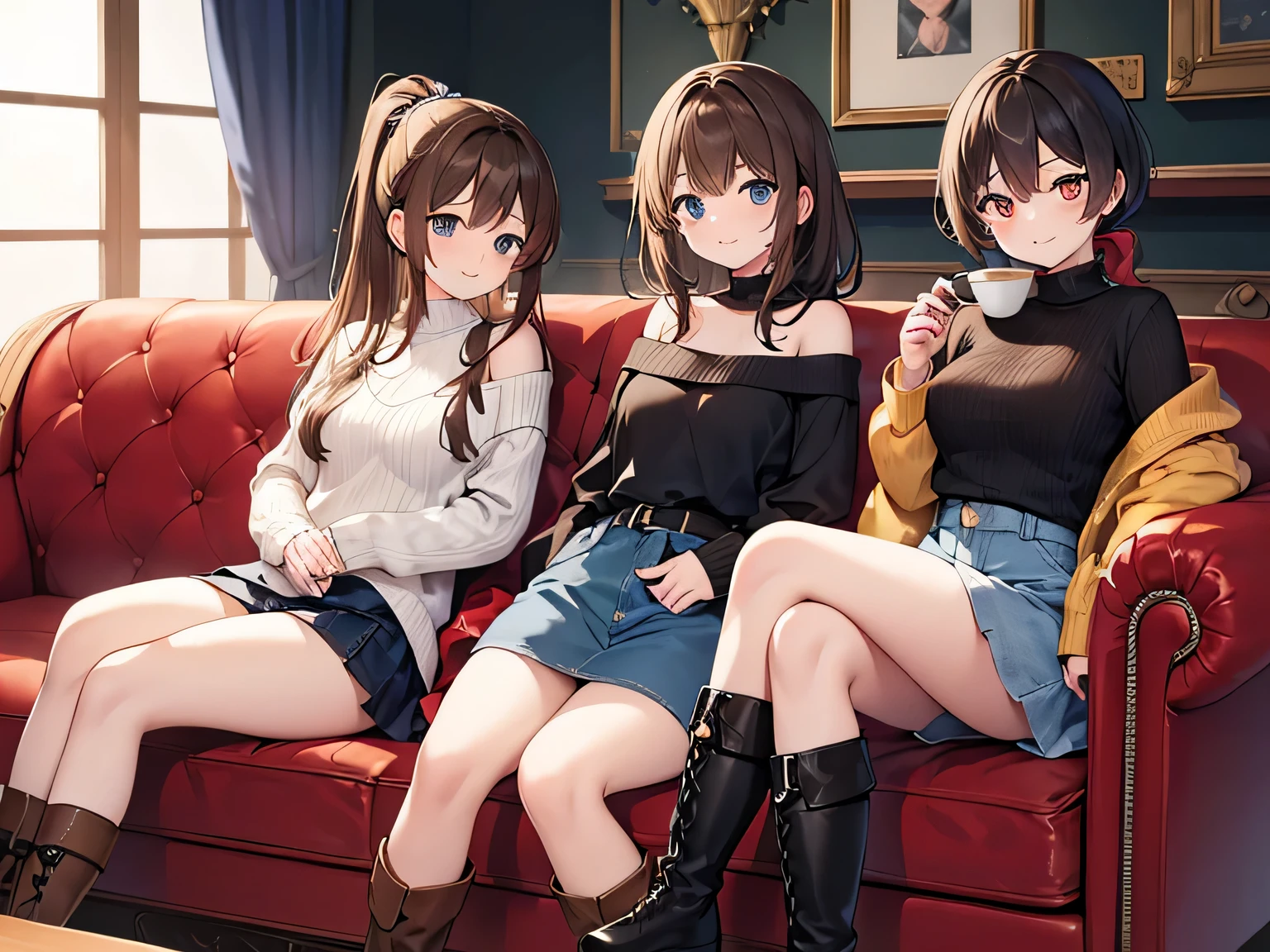 (Masterpiece, top quality, high resolution, realistic photo, realistic looking skin:1.1),
(The three women are sitting on chairs in a cafe: 1.5),
(All three women have short skirts that almost reveal their panties: 1.5), 
(All three have smiling faces: 1.5),
(The first is wearing an off-the-shoulder long-sleeved knit, a denim miniskirt, long brown boots, and short brown hair:1.8),
(The second is wearing a V-neck long-sleeved knit, a navy blue pleated miniskirt, long black boots, and long black hair:1.8),
(The third is wearing a turtleneck long-sleeved knit, a houndstooth patterned mini-skirt on a black background, long black boots, and brown hair in a ponytail:1.8),
(The location is a couch in a cafe:1.5),