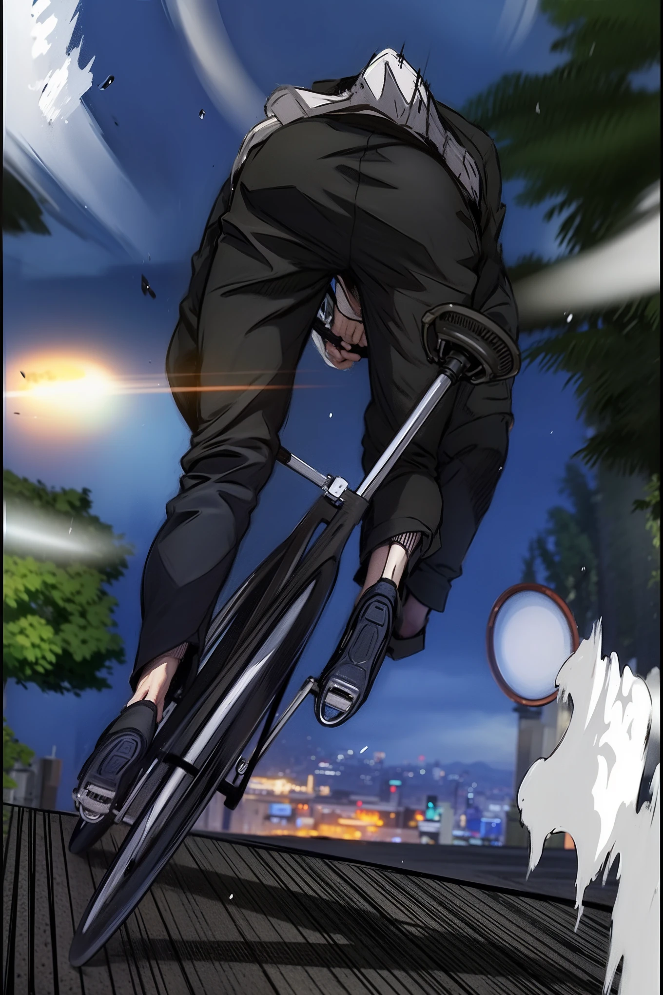 man riding a fixie bike on a empty road, wearing black pants and gray jacket
