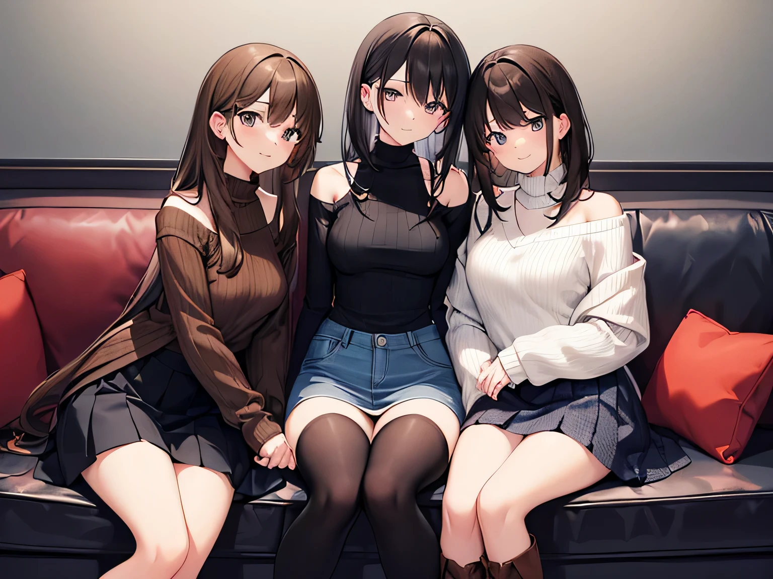 (Masterpiece, top quality, high resolution, realistic photo, realistic looking skin:1.1),
(The three women are sitting on chairs in a cafe: 1.5),
(All three women have short skirts that almost reveal their panties: 1.5), 
(All three have smiling faces: 1.5),
(The first is wearing an off-the-shoulder long-sleeved knit, a denim miniskirt, long brown boots, and short brown hair:1.8),
(The second is wearing a V-neck long-sleeved knit, a navy blue pleated miniskirt, long black boots, and long black hair:1.8),
(The third is wearing a turtleneck long-sleeved knit, a houndstooth patterned mini-skirt on a black background, long black boots, and brown hair in a ponytail:1.8),
(The location is a couch in a cafe:1.5),