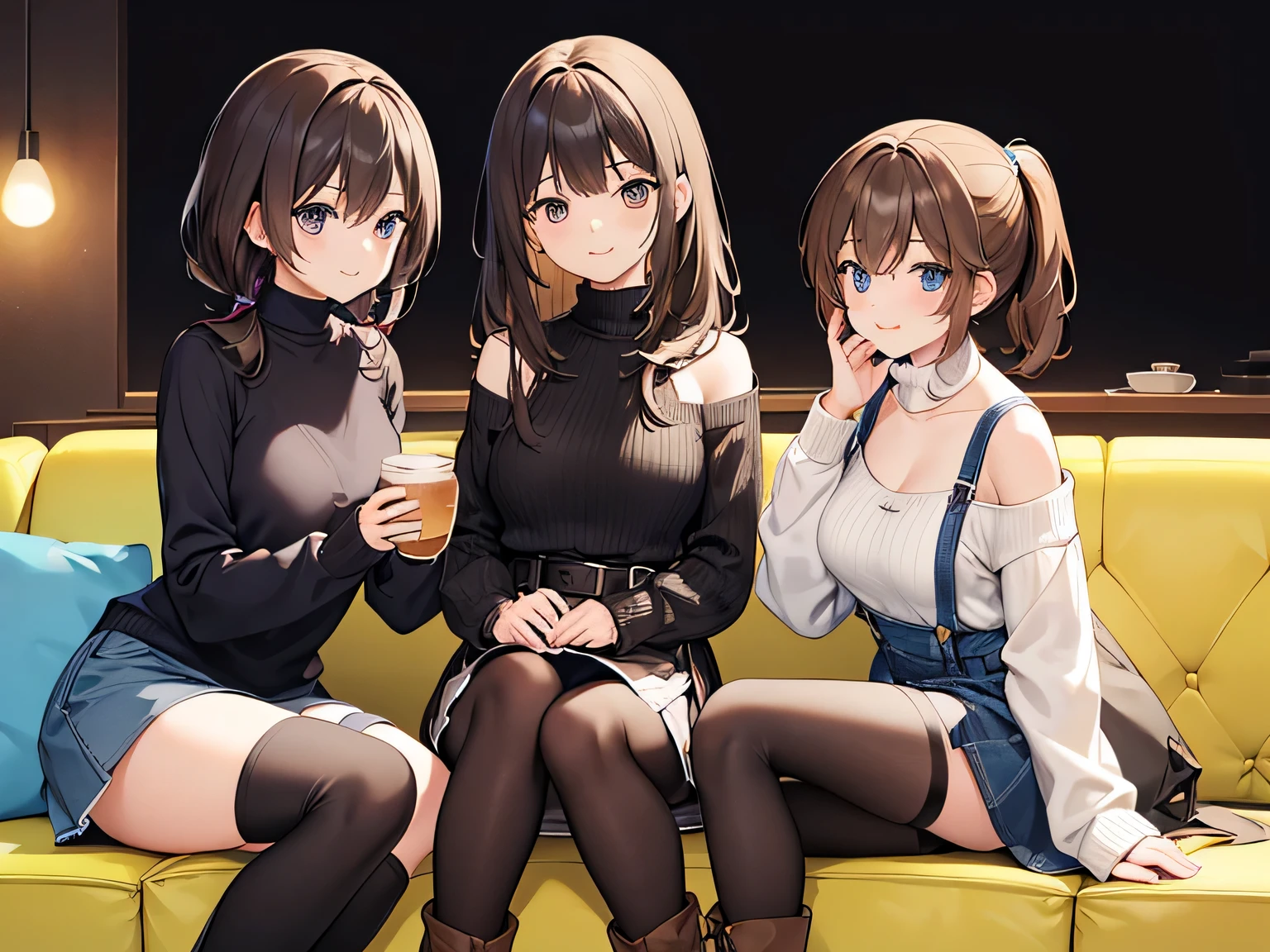 (Masterpiece, top quality, high resolution, realistic photo, realistic looking skin:1.1),
(The three women are sitting on chairs in a cafe: 1.5),
(All three women have short skirts that almost reveal their panties: 1.5),
(All three have smiling faces: 1.5),
(The first is wearing an off-the-shoulder long-sleeved knit, a denim miniskirt, long brown boots, and short brown hair:1.8),
(The second is wearing a V-neck long-sleeved knit, a navy blue pleated miniskirt, long black boots, and long black hair:1.8),
(The third is wearing a turtleneck long-sleeved knit, a houndstooth patterned mini-skirt on a black background, long black boots, and brown hair in a ponytail:1.8),
(The location is a couch in a cafe:1.5),