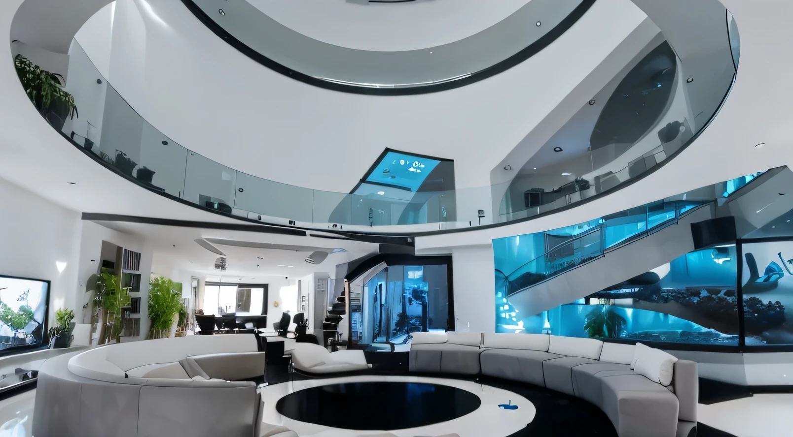 Image of a contemporary living room with a huge aquarium on the right of the image occupying 2 floors. The living room has two arch-shaped sofas, both placed in the center of the space. There are also three potted plants spread throughout the room, complementing the contemporary decor.