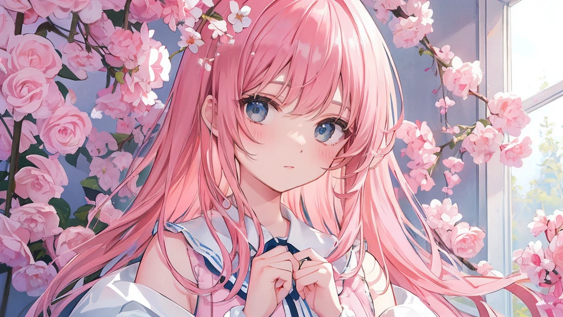 8K resolution, ((highest quality)), ((masterpiece)), ((Super detailed)), (andても繊細で美しい), and a girl, alone, 優new expression, 彼女はandても(relax)and(Calm)exterior, pink hair, written boundary depth, bright smile, like々new expression,  bright peach-colored eyes, 美しいpink hair, beautiful background, long hair,upper grade, wonderful eyes, Kindergarten children,Light Background,exposed